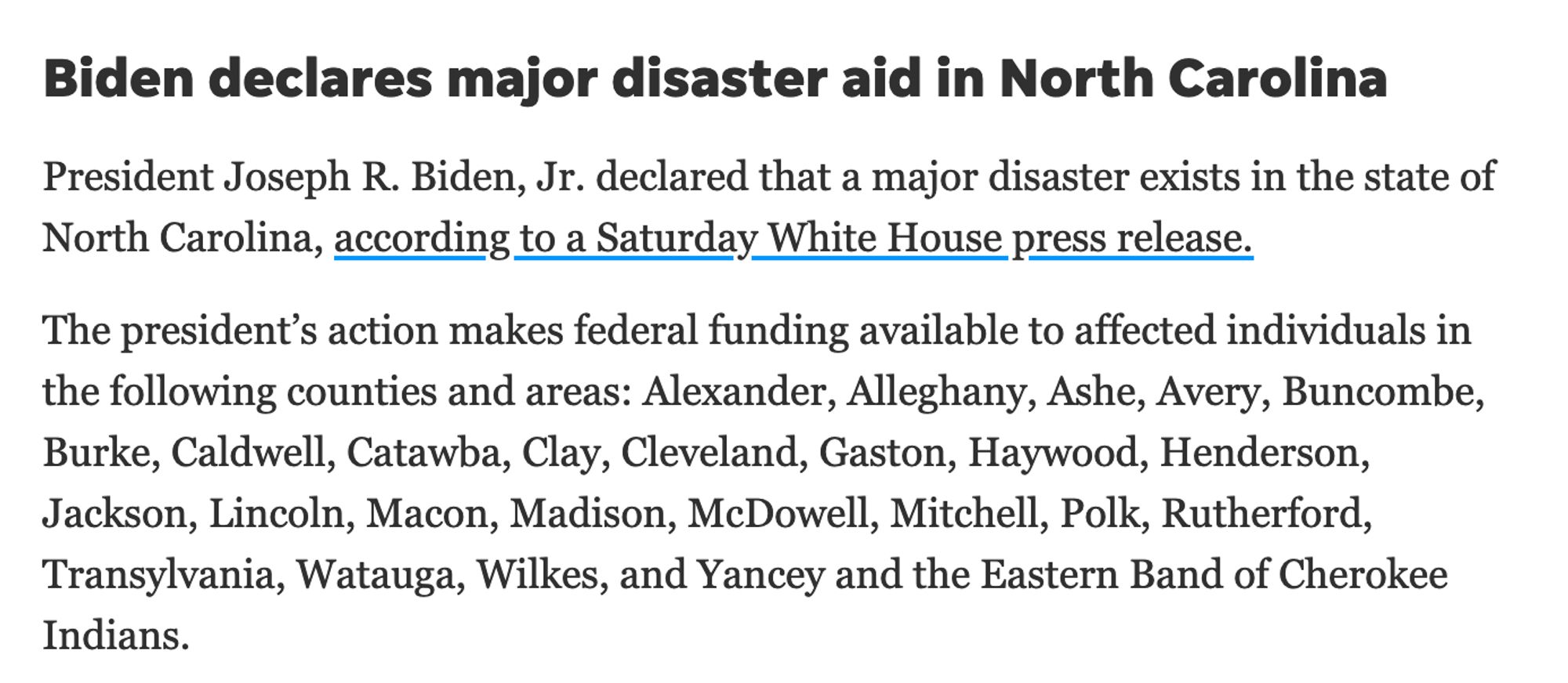 Biden declared a major disaster in western NC