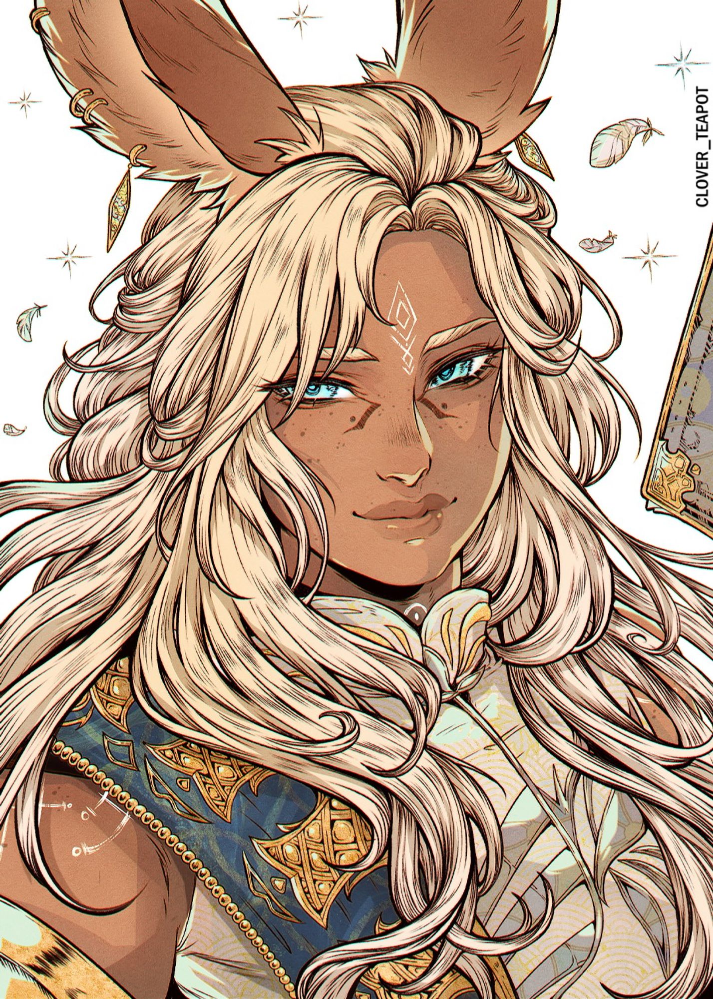 Viera long haired character with blonde hair holding a tome, smiling softly at the viewer as the wind sweeps the locks