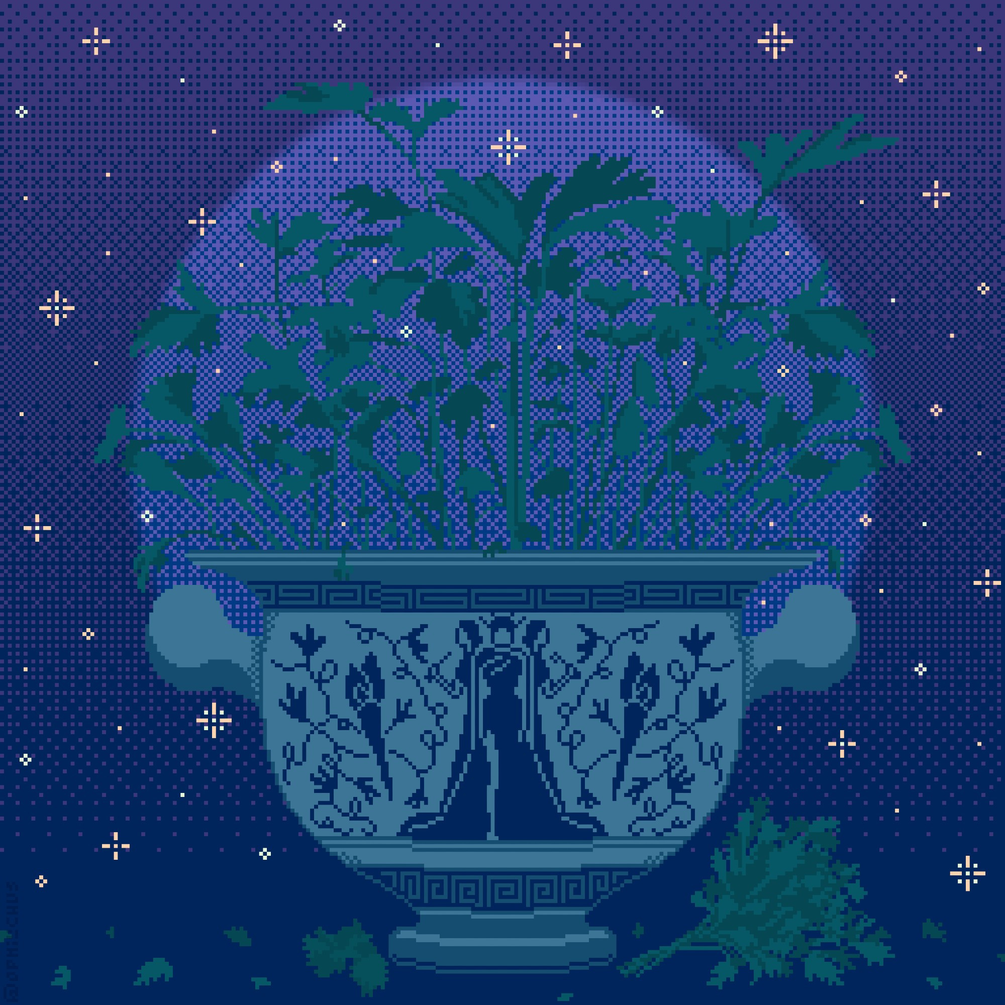 A pixel art illustration of a Greek style pot of parsley with images of Hecate on the pot