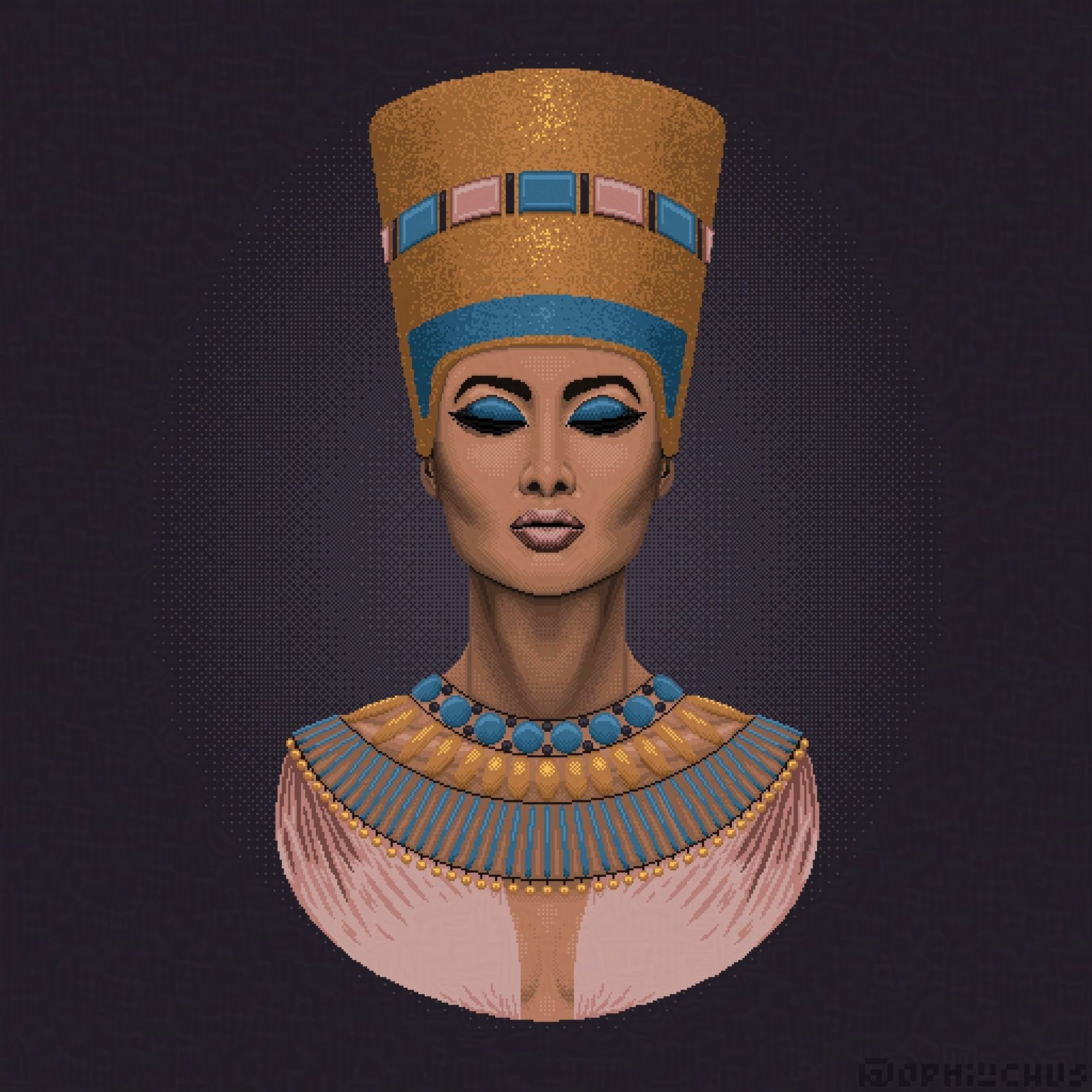 A pixel art illustration of a woman with a pharohs crown and large beaded necklace and cloth shirt. She is wearing heavy makeup with a neutral expression and her eyes are slightly opened