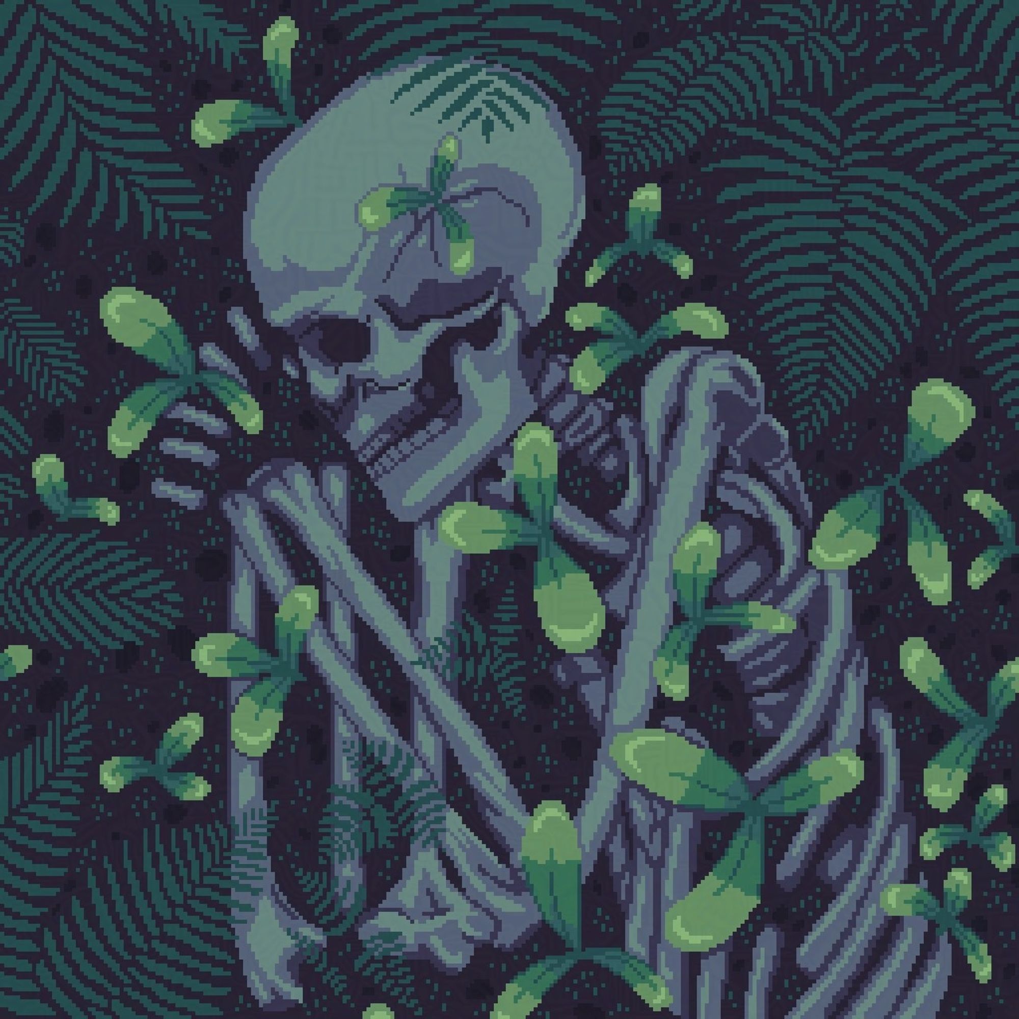 A pixel art illustration of a skeleton lying on its side. It has plants growing out of the gaps in it's bones.