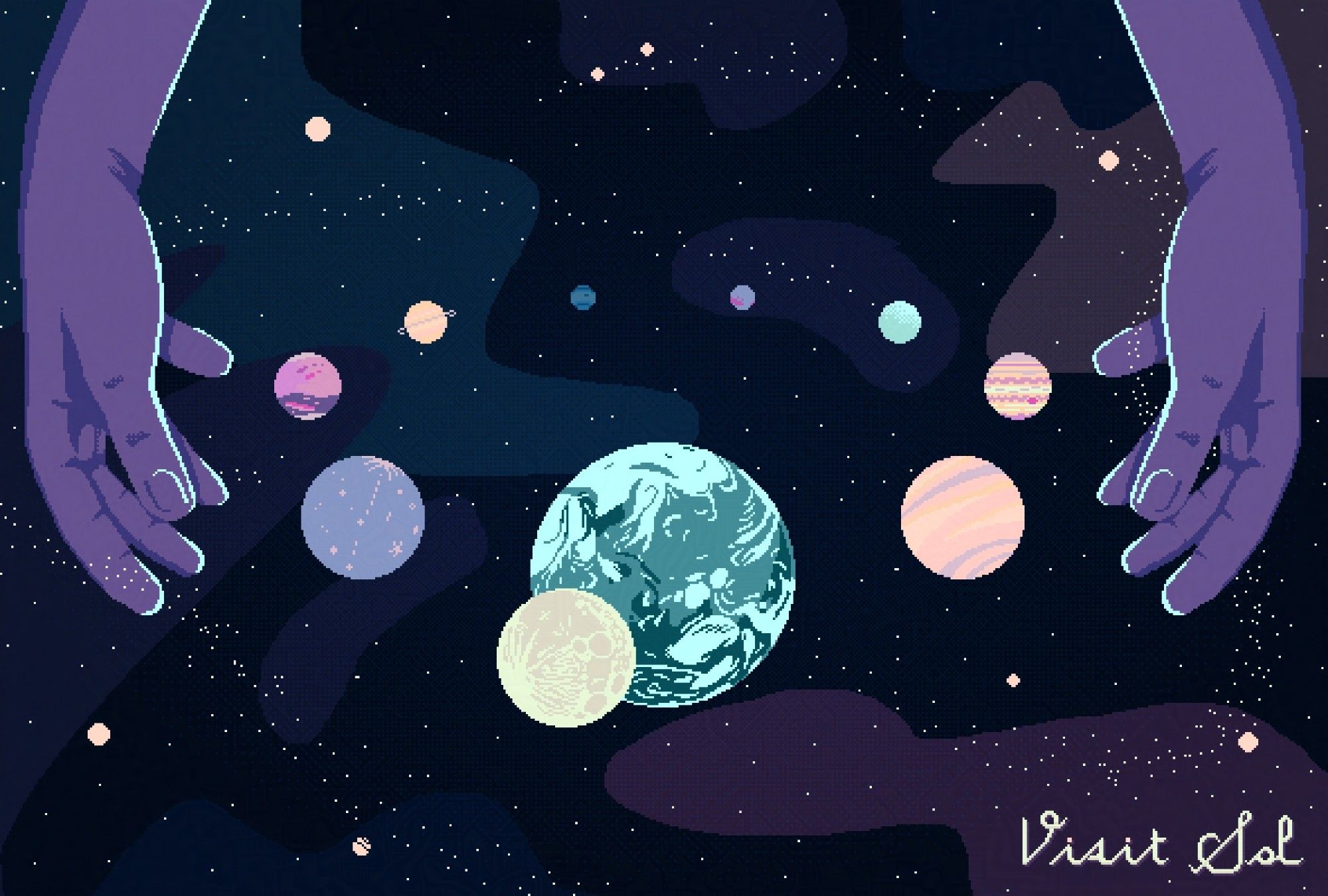 A pixel art illustration of the solar system planets in a ring. The earth is in front with a moon nearby. There are two purple hands on the side of the ring, and many small stars