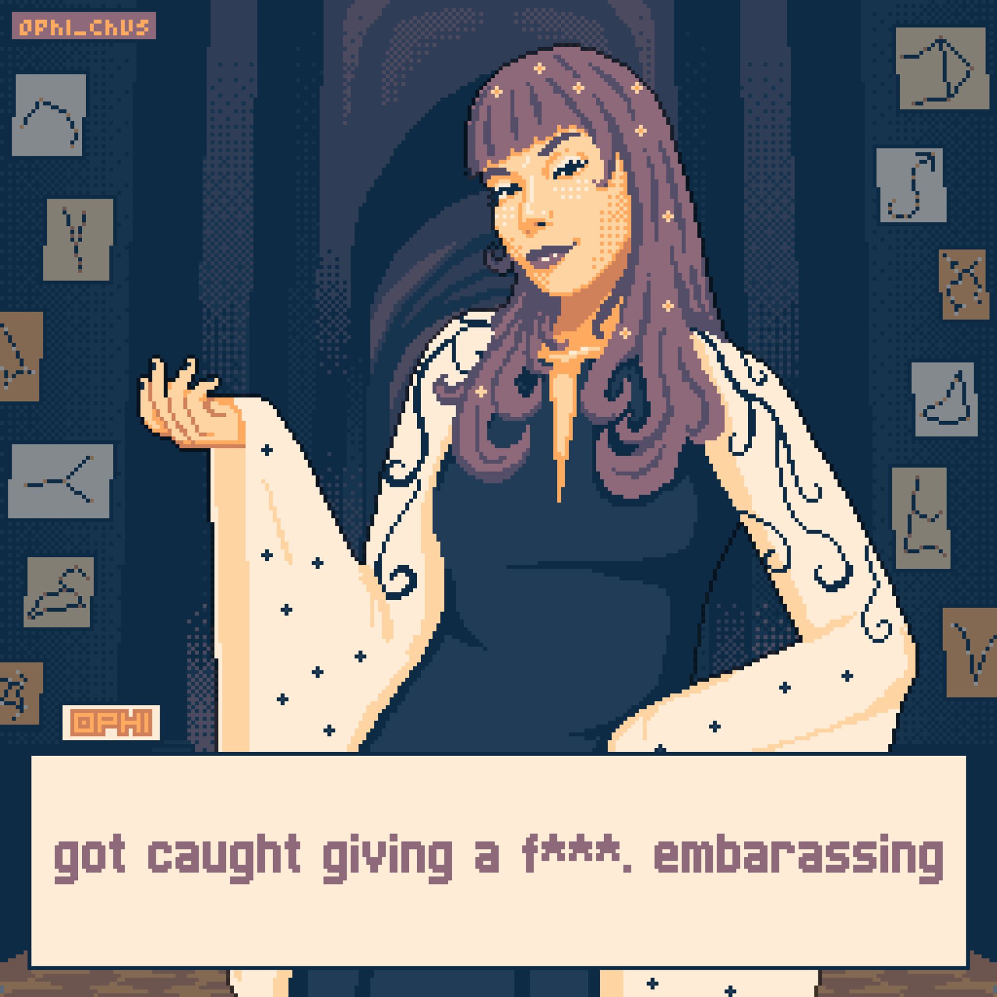 a pixel art image of a person posed like its a dating simulator with the text "got caught giving a f***. embarassing"