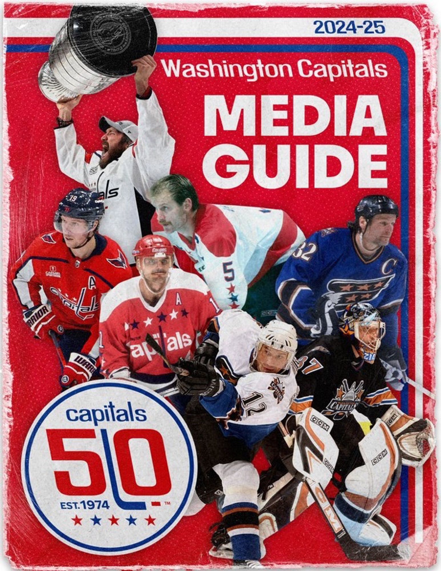 Cover of the 2024-25 Washington Capitals media guide. It features greats during play in different jerseys from the team’s history including Ovi hoisting the cup (white away), Nicky Backstrom (home reds), Rod Langway (original home whites), Dale Hunter (road blue eagles), Mike Gartner (original road reds), Peter Bondra (eagle whites), and Ollie Kolzig (black Capitol dome). It features the Caps’ 50th anniversary logo.