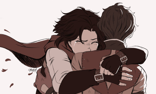 Second panel we can see Ruby's face buried into Oscar's shoulder with her arms wrapped around him. She is crying with relief. 