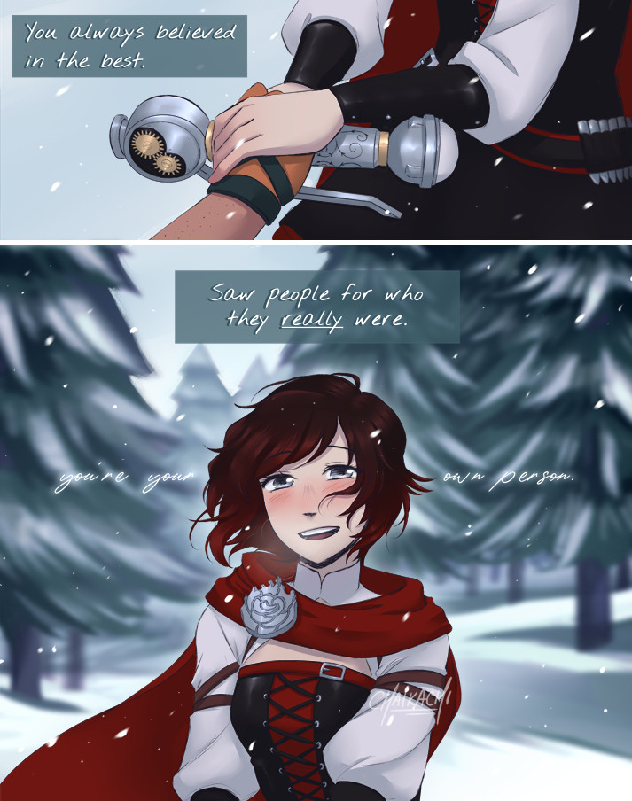 First two of a four-panel RWBY comic. The text across the two panels reads "You always believed in the best. Saw people for who they really were". The first shot is of Ruby holding Oscar's hand as she gives him back his weapon in V6, before transitioning to a portrait shot of her smiling at the viewer and saying "You're your own person". There are pine trees behind her and snow is falling all around them.