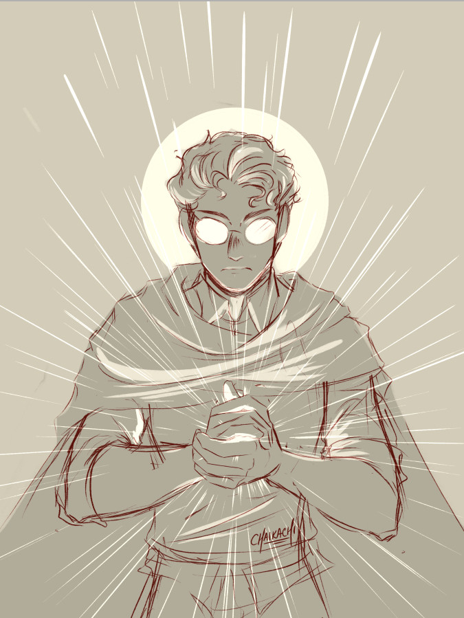 A sketch of Palamedes Sextus from the book Gideon the Ninth. He's clasping his hands together and light is flaring out at all angles, reflecting off his glasses. A circle of light haloes his head.