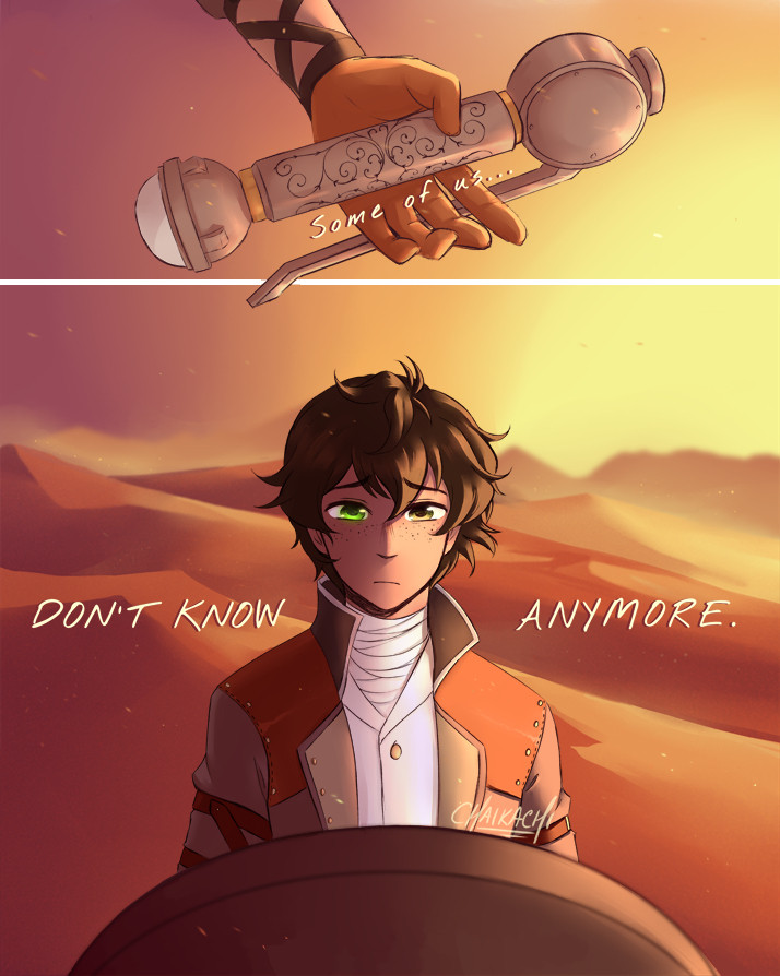 The last two panels of a RWBY comic. The text across the panels reads: "Some of us... don't know anymore".  The first image is of Oscar holding his weapon; his grip around it loose as if he might drop it. The second image is a portrait shot of Oscar standing in front of the memorial stone erected in Vacuo in honour of Ruby and her team. He has a sombre expression as the sunrise lights only one side of his face. His eye obscured in shadow glows a faint green.