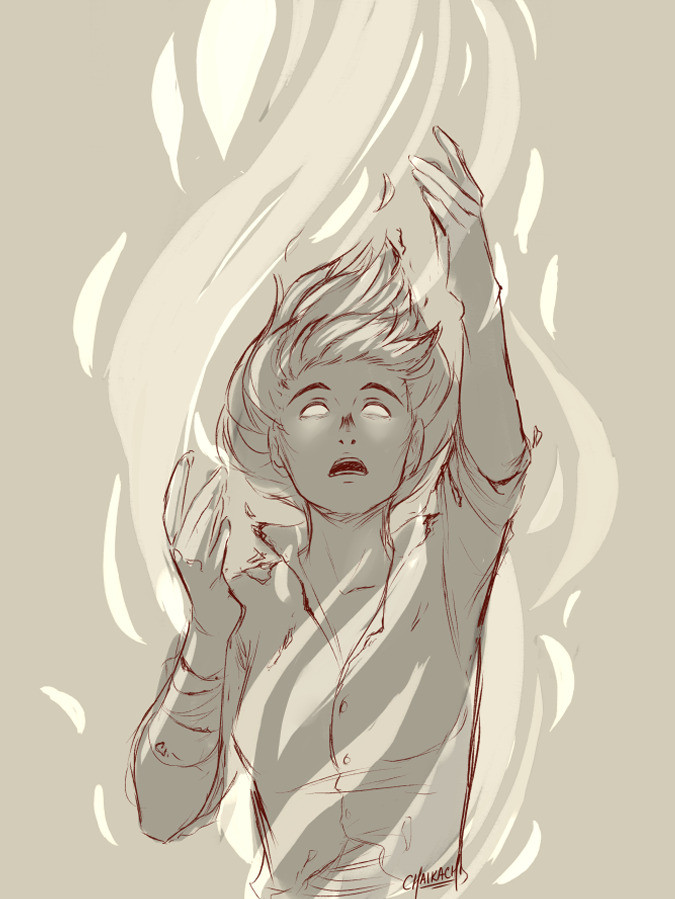 A sketch of Camilla Hect from the book Nona the Ninth. She is surrounded in flames and reaching upwards as the fire engulfs her. Her hair and clothes are singed and burning.