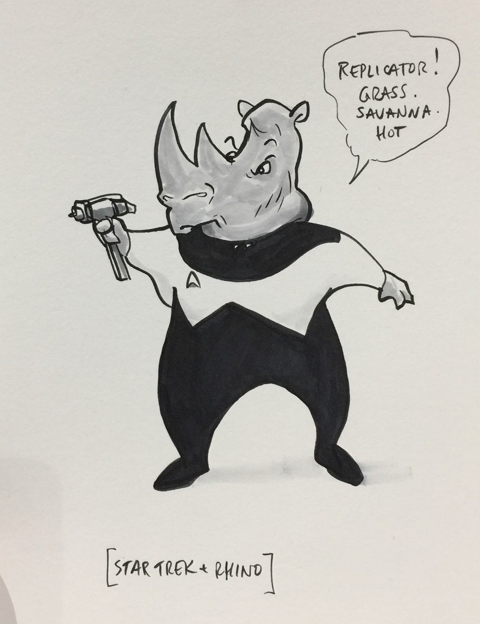 A rhino in a Star Trek uniform, holding a phaser, saying "Replicator! Grass. Savanna. Hot"