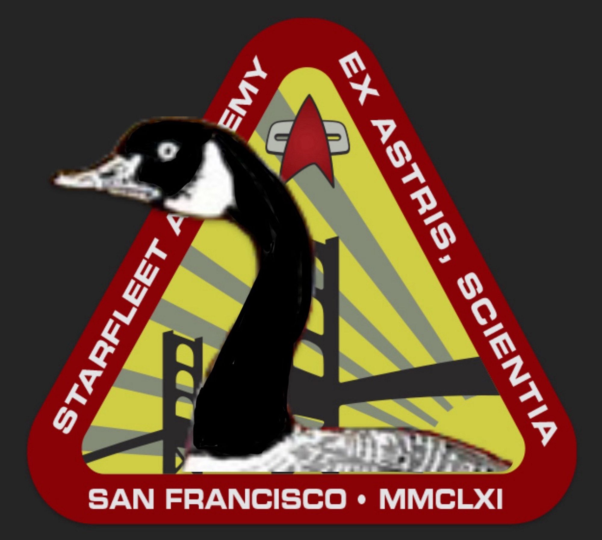 A red, yellow and black triangle logo for Starfleet Academy. 
The background is a stylized Golden Gate Bridge in black, silhouetted I guess by the stylized rising yellow sun with yellow sun rays, separated by light grey sky.
The edge has a maroon stripe around it with a bunch of white lettered Treknobabble.
Pasted overtop is an intense black and white goose from the shoulders up, its S neck snaking the goose’s head out of the frame.
The goose stares at you with a menacing frown that has grown into its beak from making faces as a gosling.
The S neck stands for “Hope you got ass insurance, motherfucker.”