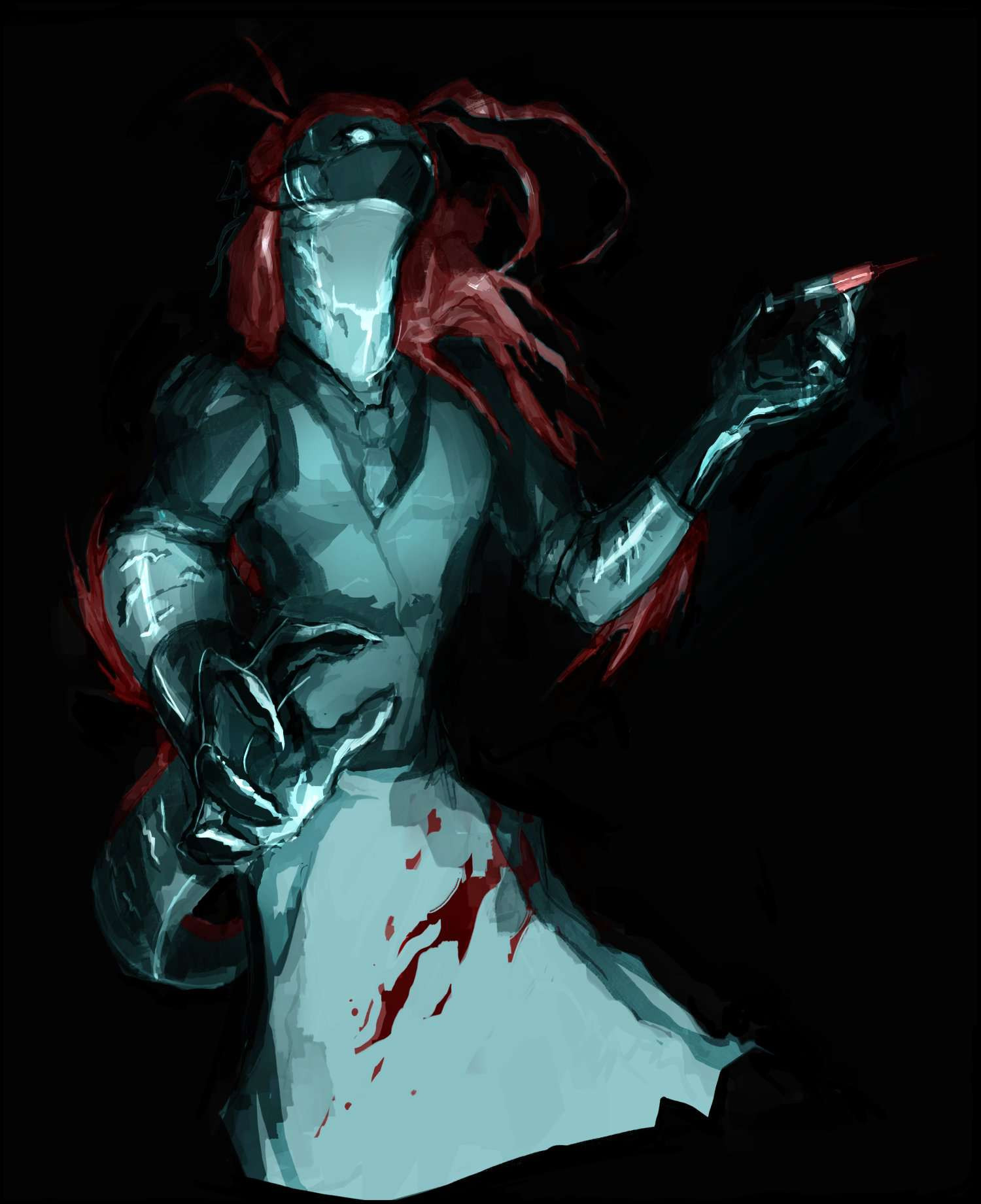 OC "The Doctor", bloodied and reaching towards viewer. Syringe in hand and looking down. Dark background and character is lit from the front and their own bioluminescence.