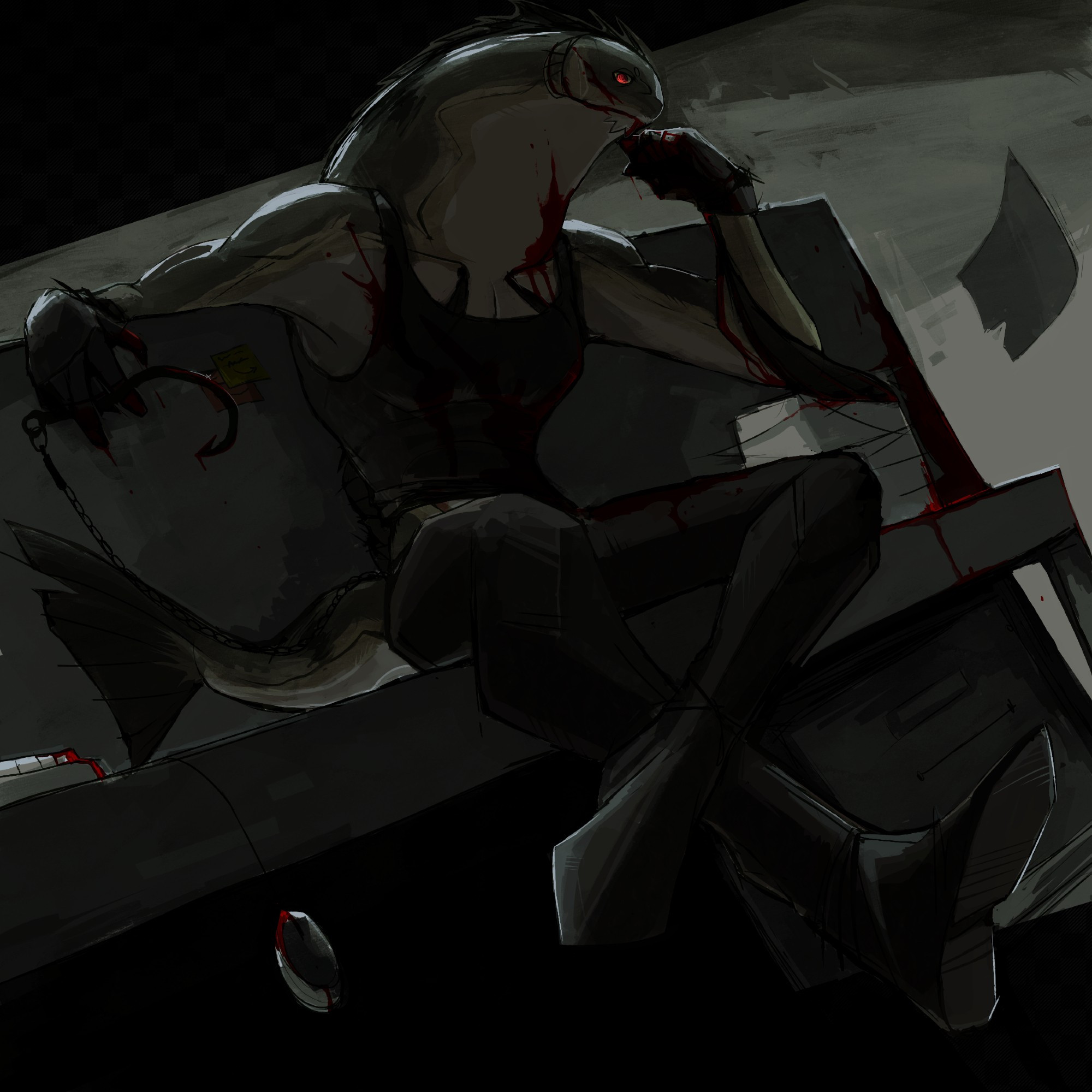 OC Scia, bloodied and sitting on a desk.