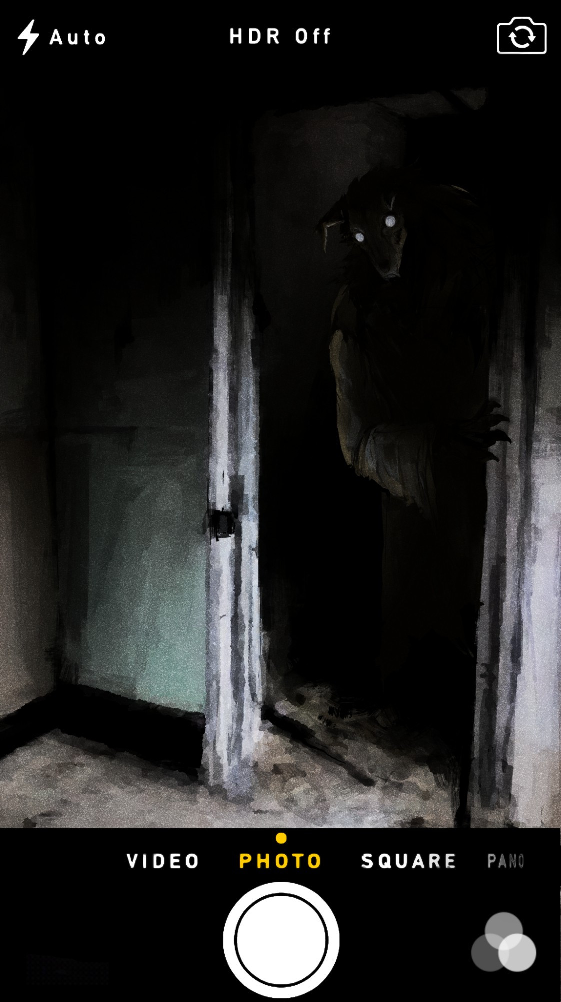 SCP-1471 Malo peering at the viewer from a dark doorframe. Image is framed with a typical UI for a phone camera app.