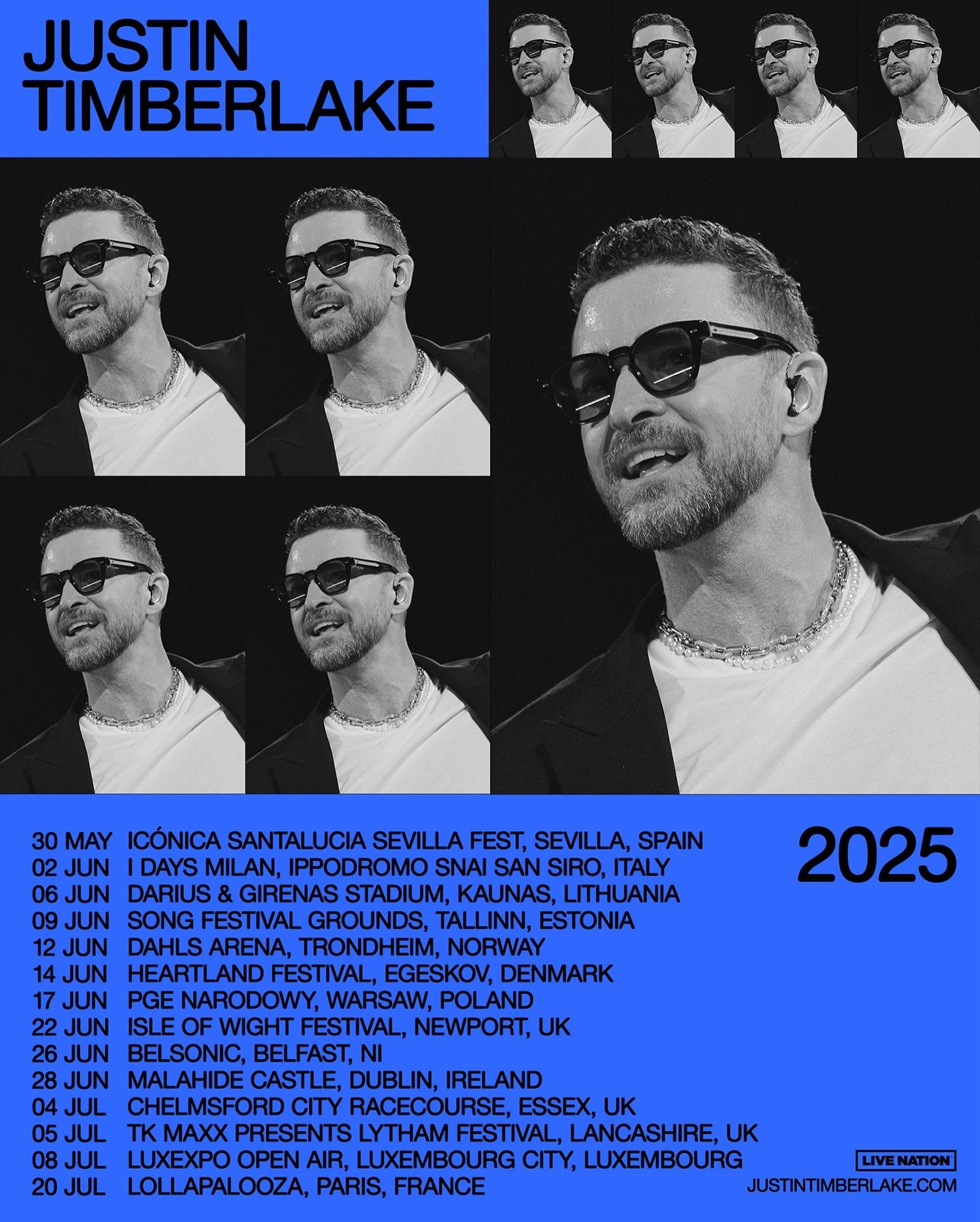 Imagem de post no Instagram de Justin Timberlake anunciando novas datas de turnê para o verão europeu, entre maio a julho de 2025