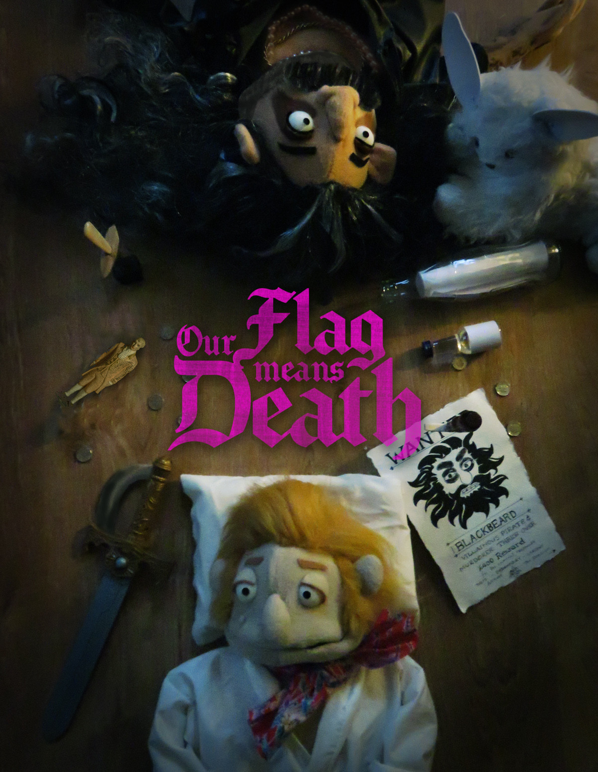 A replica of the Our Flag Means Death poster for s2, with a muppet version of Ed at the top and muppet version of Stede at the bottom, surrounded by swords and coins and bottles and a rabbit