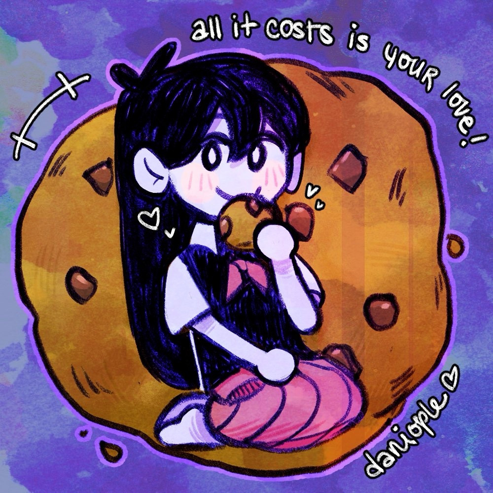 A small chibi illustration of Mari from OMORI, sitting on her knees with a chocolate chip cookie held to her mouth with a smile. Behind her is a much larger chocolate chip cookie on a purple background, ‘All it costs is your love!’ written above it.