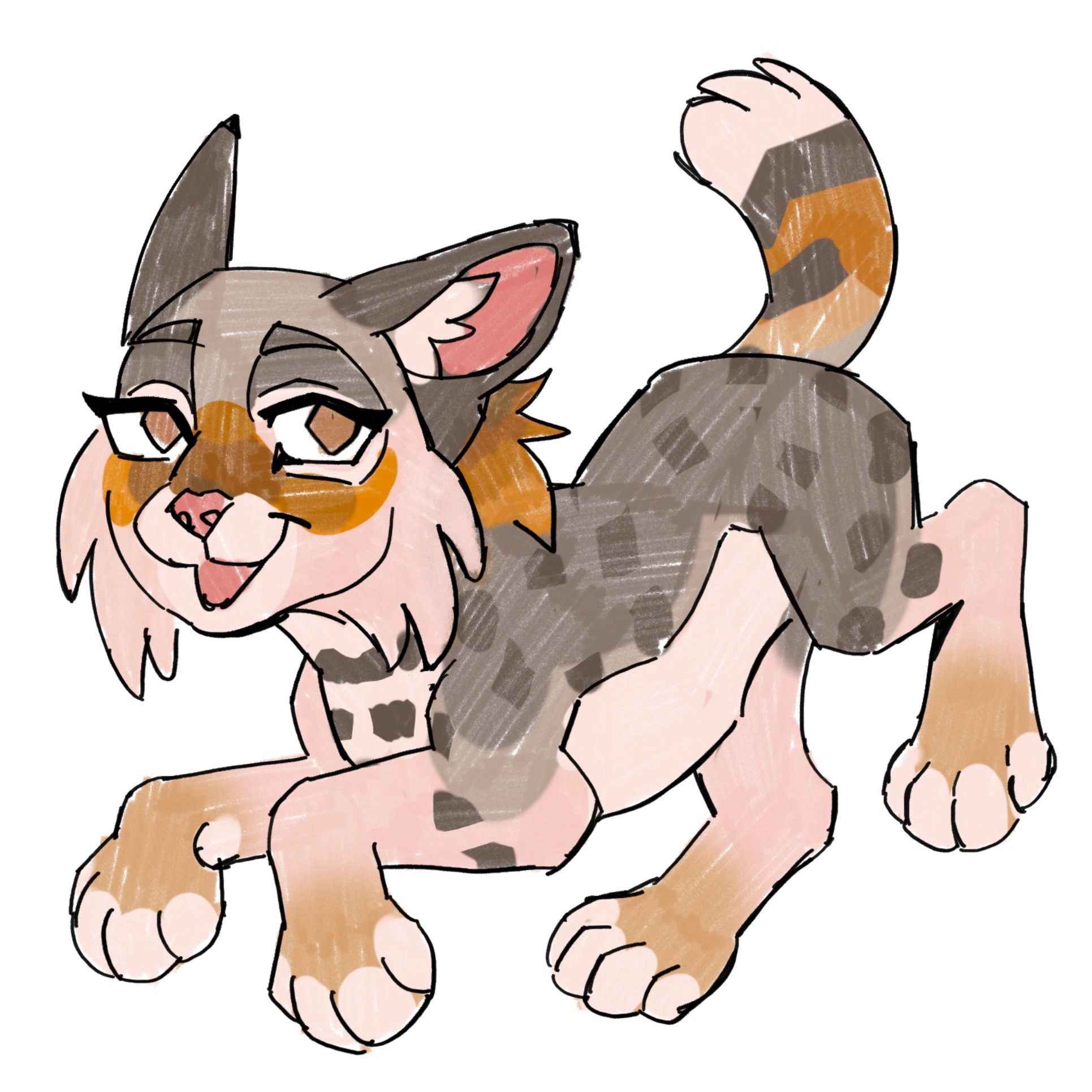 A drawing of a bobcat furry character with gray and orange fur. She is smiling and holding her paws up.