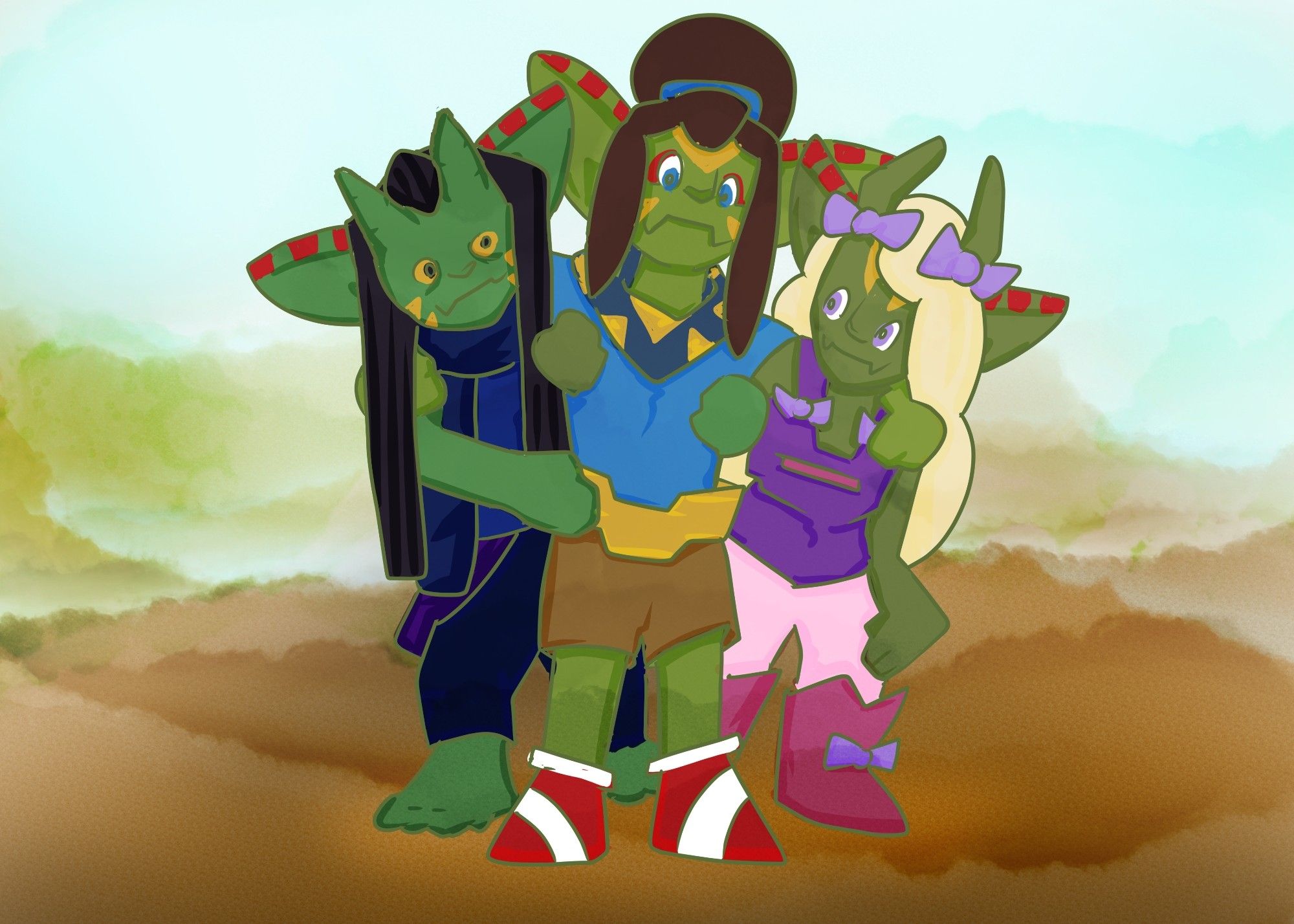 Three goblins happily huddled together in a vacation photo type drawing