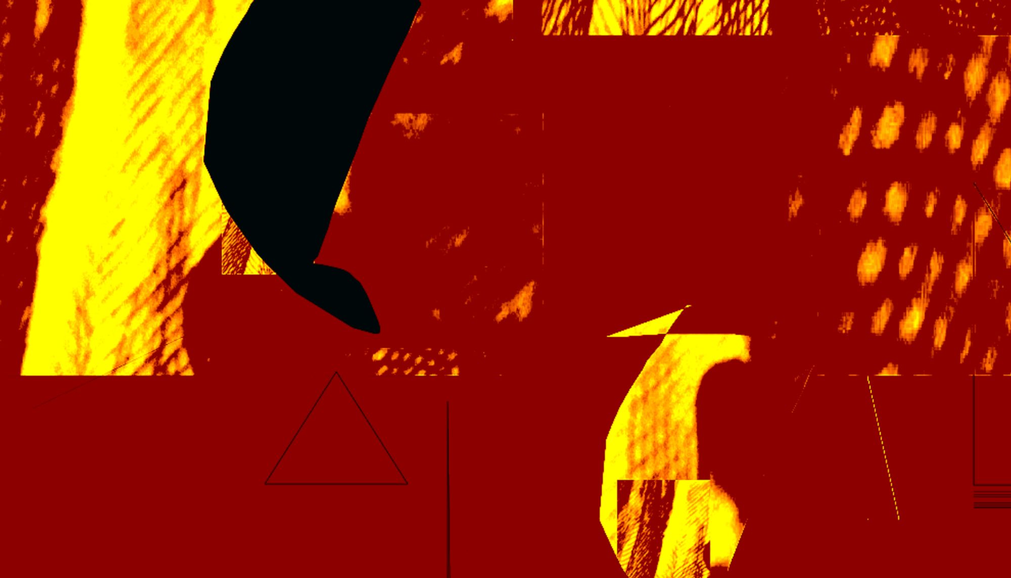 An abstract visual poem deep crimson background with yellow and fire-yellow glitch and geometric patterns, like flame silhouettes at a window, abstract forms in centre, a mostly hidden forest atop, black swath centre left, a triangle shape, black vertical line, yellow diagonal bottom right.