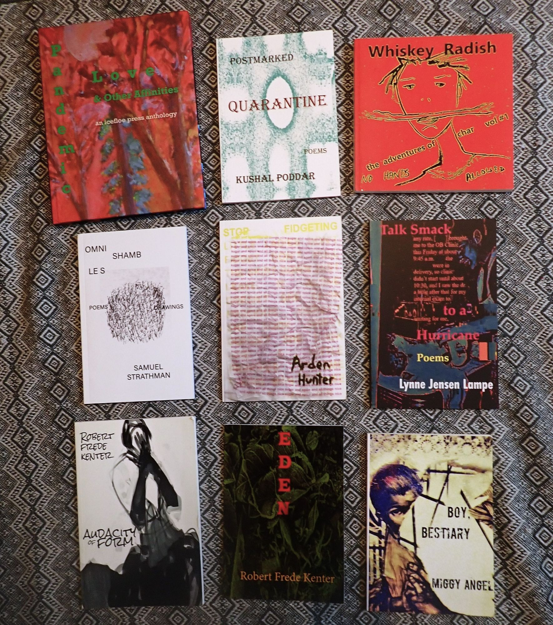 A photo of our nine books currently in print at Ice Floe Press
www.icefloepress.net  Works by Kushal Poddar, Whiskey Radish, Lynne Jensen Lampe, Samuel Strathman, Robert Frede Kenter, Arden Hunter and Miggy Angel. As well a beautiful collection of poems, stories, art by 72 international contributors on Love during the Pandemic.