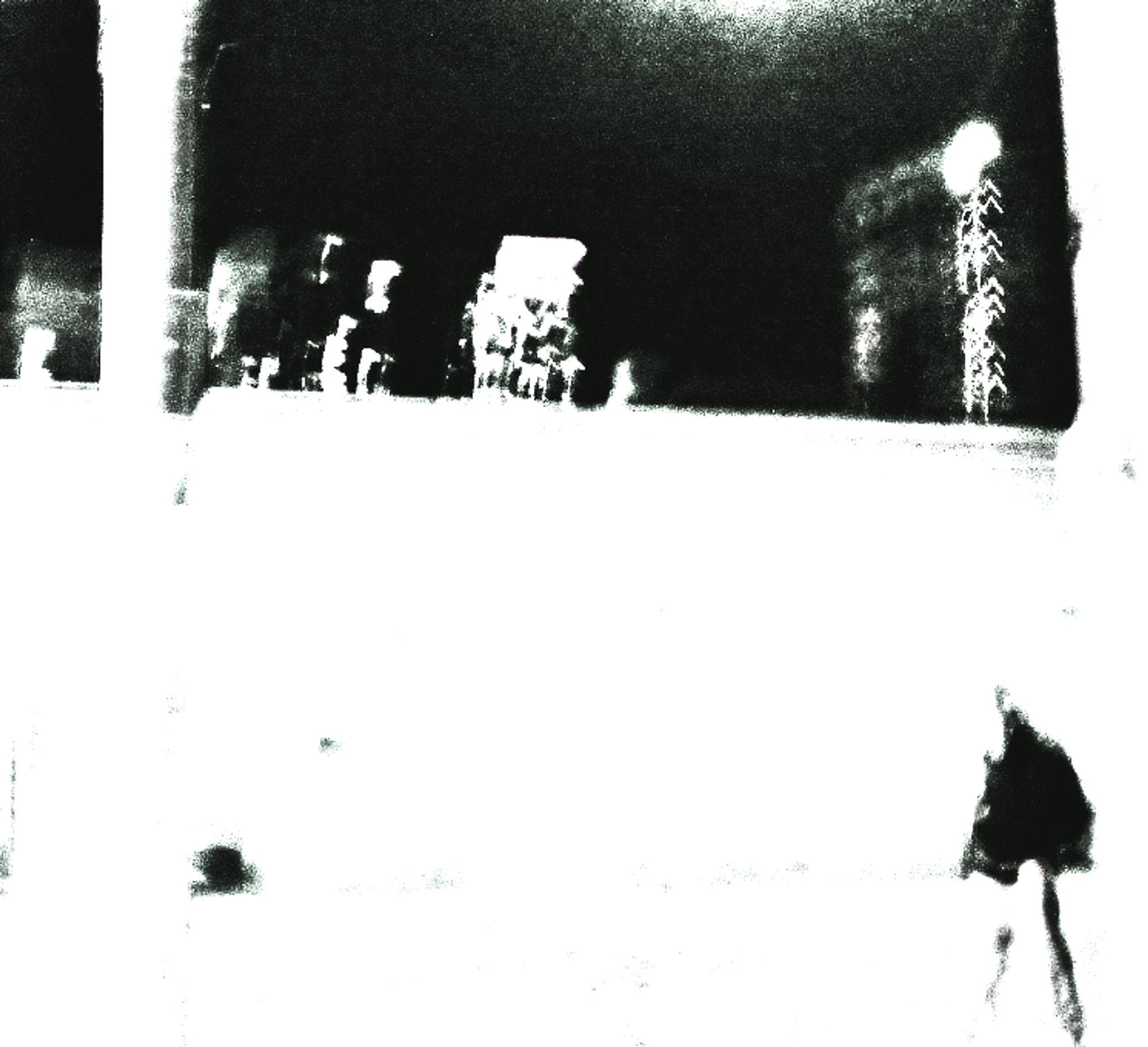 A figure walking towards a distant spectral city -- skeletal, large blank white spaces with hints of a horizon line, as if in a glitch-negative dream/nightmare world by Robert Frede Kenter (2023) An image created during the after hallucinations at the end of covid/pneumonia, Jan/Feb.