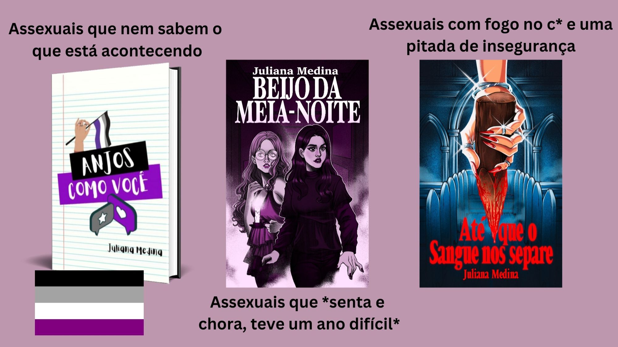 A imagem apresenta três capas de livros, cada uma associada a uma descrição humorística sobre a experiência de pessoas assexuais. 
À esquerda: Capa do livro "Anjos Como Você" de Juliana Medina. A capa é predominantemente branca com linhas horizontais azuis, semelhante a uma folha de caderno. Há uma mão segurando uma bandeira assexual. Descrição acima da capa: "Assexuais que nem sabem o que está acontecendo". A bandeira assexual aparece abaixo da capa.
No centro: Capa do livro "Beijo da Meia-Noite" de Juliana Medina. A capa é em tons de roxo, com duas mulheres, uma com óculos e outra de vestido preto. Descrição abaixo da capa: "Assexuais que senta e chora, teve um ano difícil".
À direita: Capa do livro "Até que o Sangue nos Separe" de Juliana Medina. A capa mostra uma mão segurando um estaca ensanguentada, com um fundo que remete a um ambiente gótico ou de terror. Descrição acima da capa: "Assexuais com fogo no c* e uma pitada de insegurança".