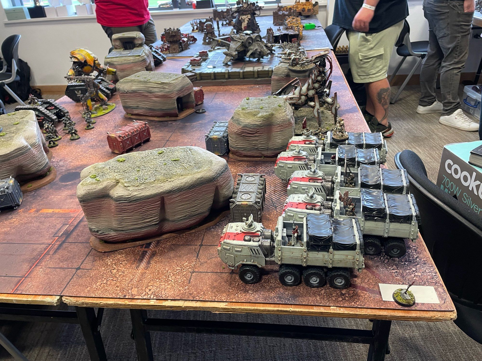 Lots of militia in trucks face off against a knight (a 40foot tall heavily armoured mech with a tank gun and a 8ft sword)