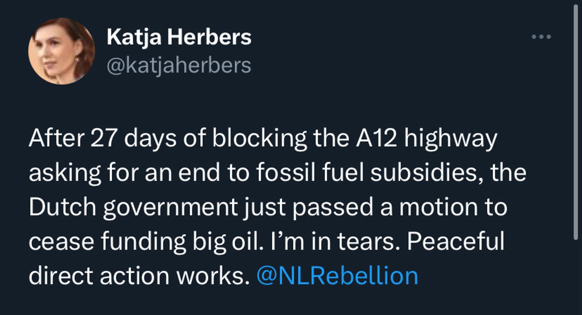 After 27 days of blocking the A12 highway asking for an end to fossil fuel subsidies, the Dutch government just passed a motion to cease funding big oil. I’m in tears. Peaceful direct action works. @NLRebellion