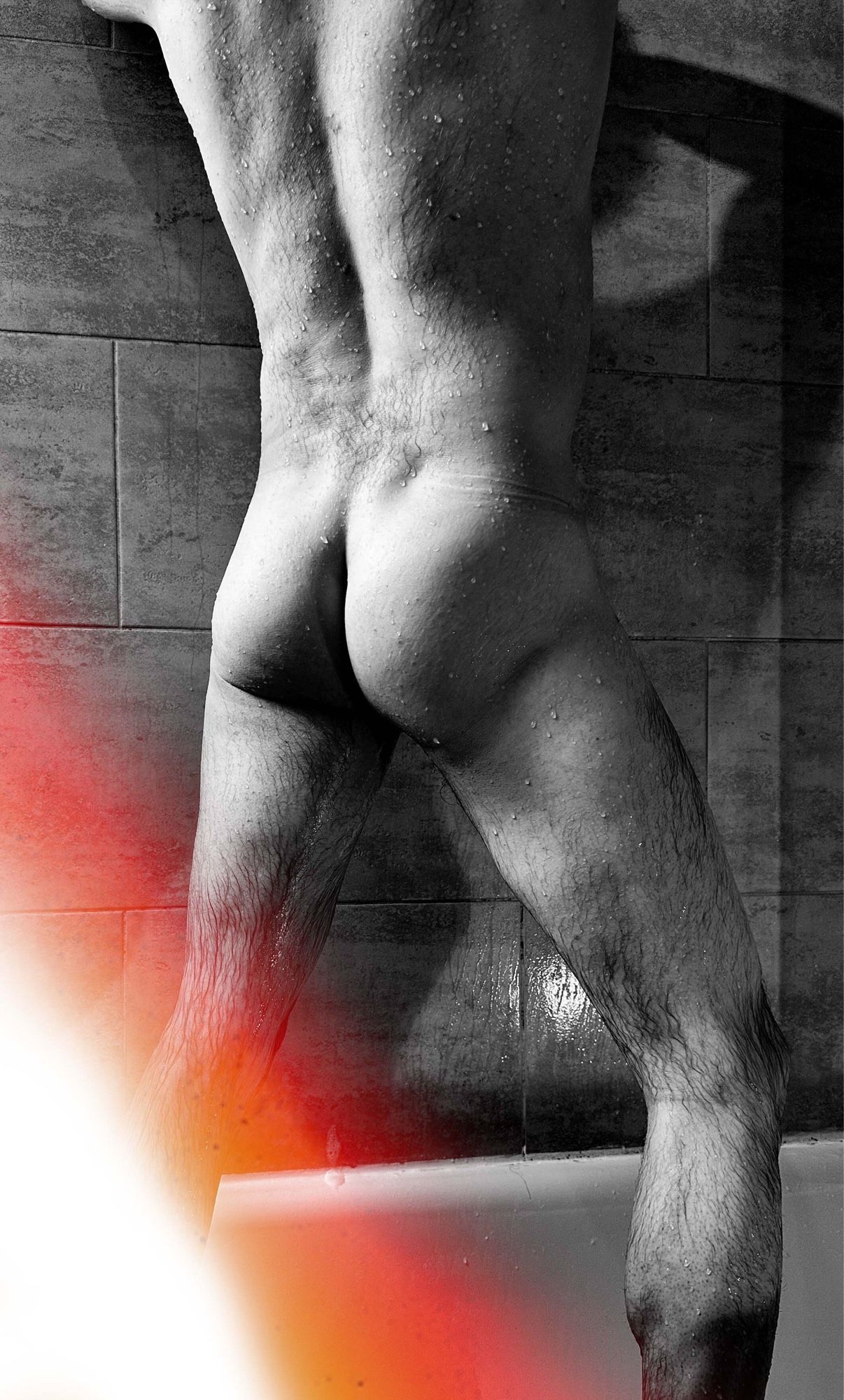 Male nude, rear/side shot, black and white photograph