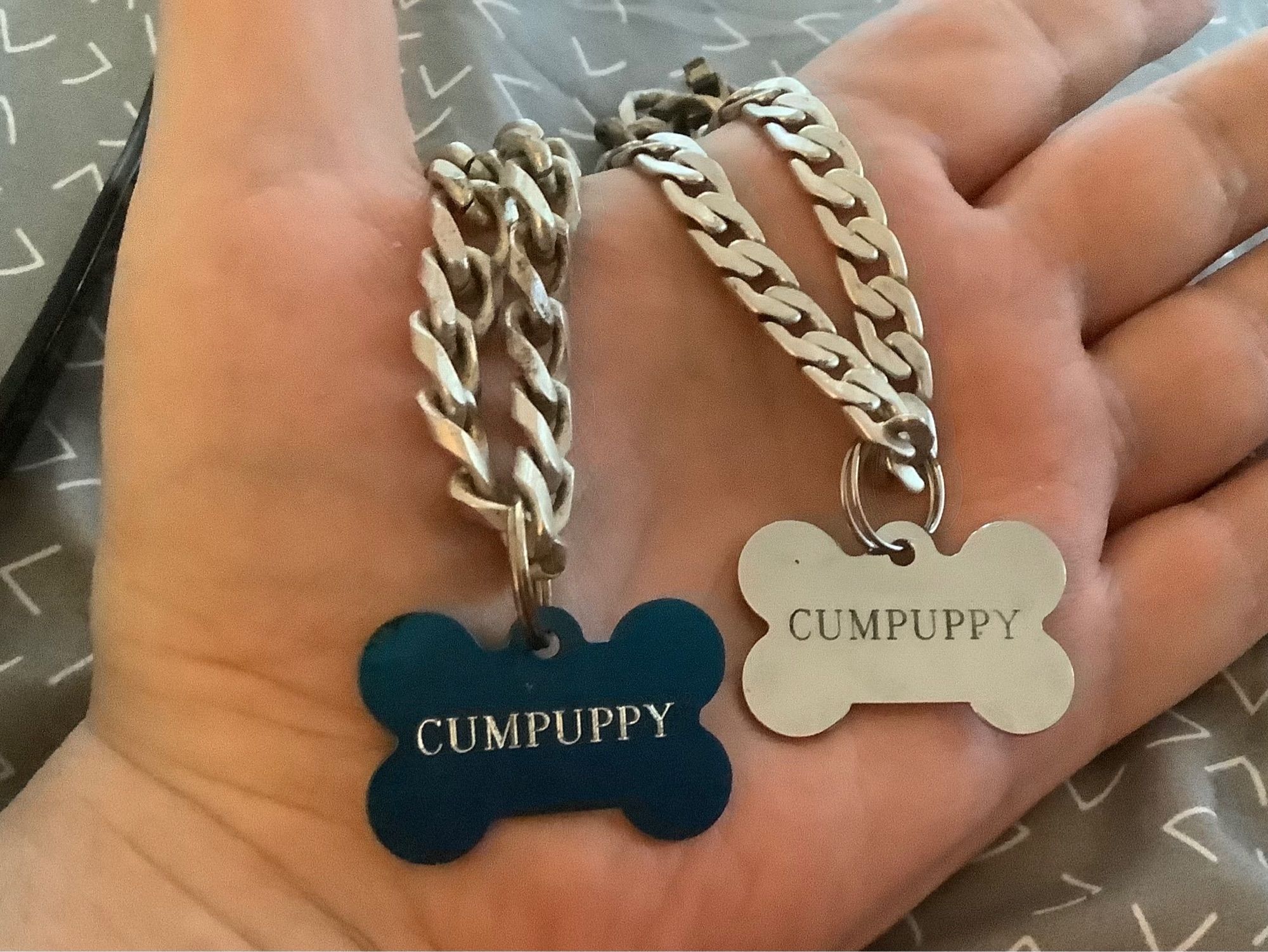 Two bone shaped engraved tags on two chunky silver chains. The tags are each engraved with the single word CUMPUPPY.