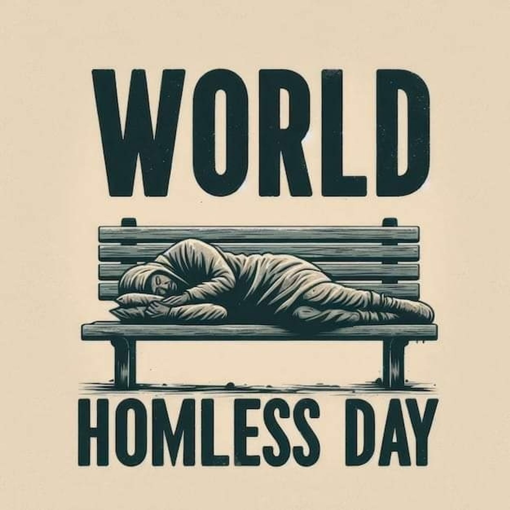 Ein schlafender Mensch auf einer Parkbank, dazu der Text "WORLD HOMELESS DAY"