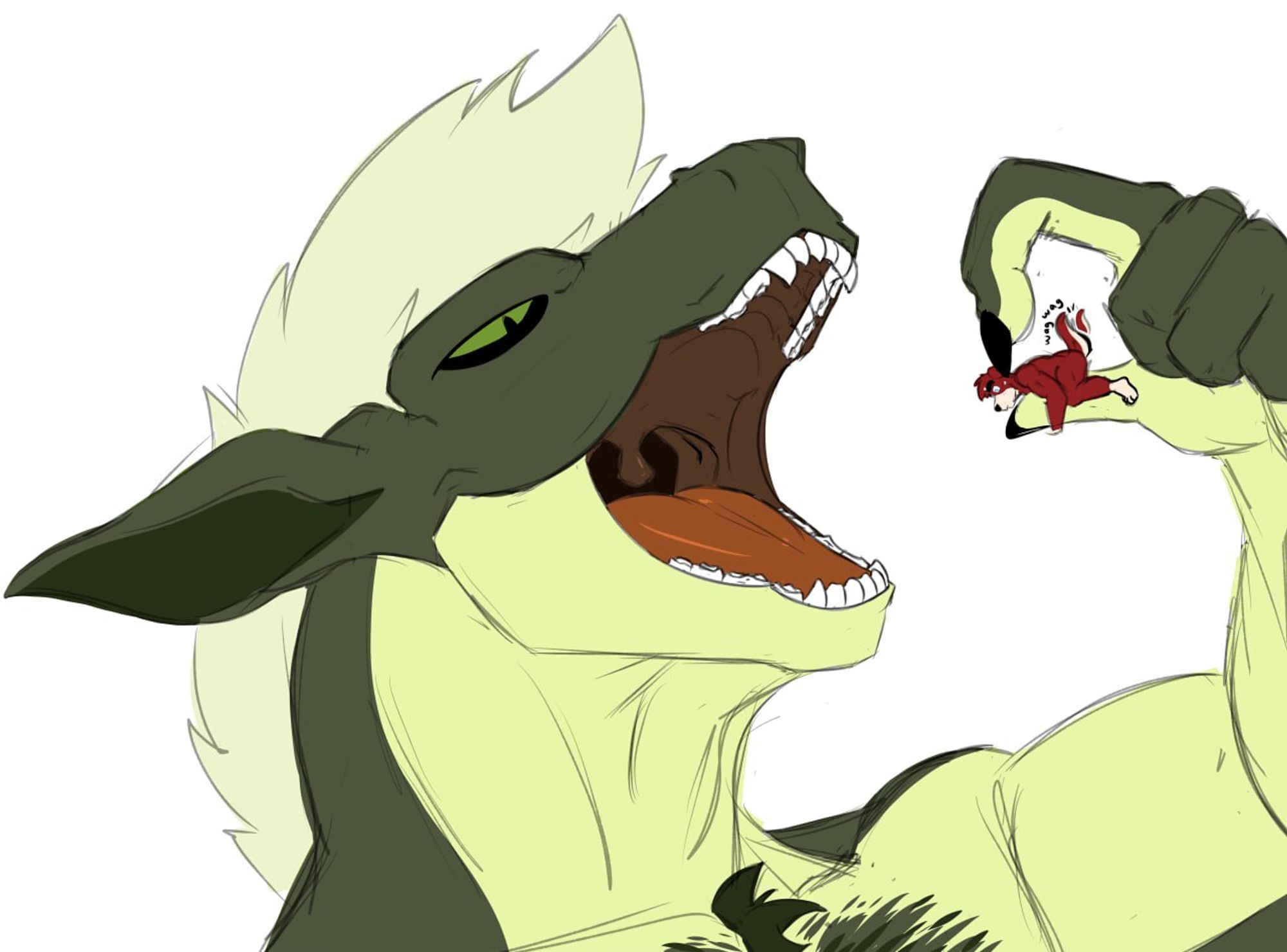 The mouth of an anthro green lizard is wide open while he dangles his prey: a red anthro kelpie dog, who's tail is wagging.