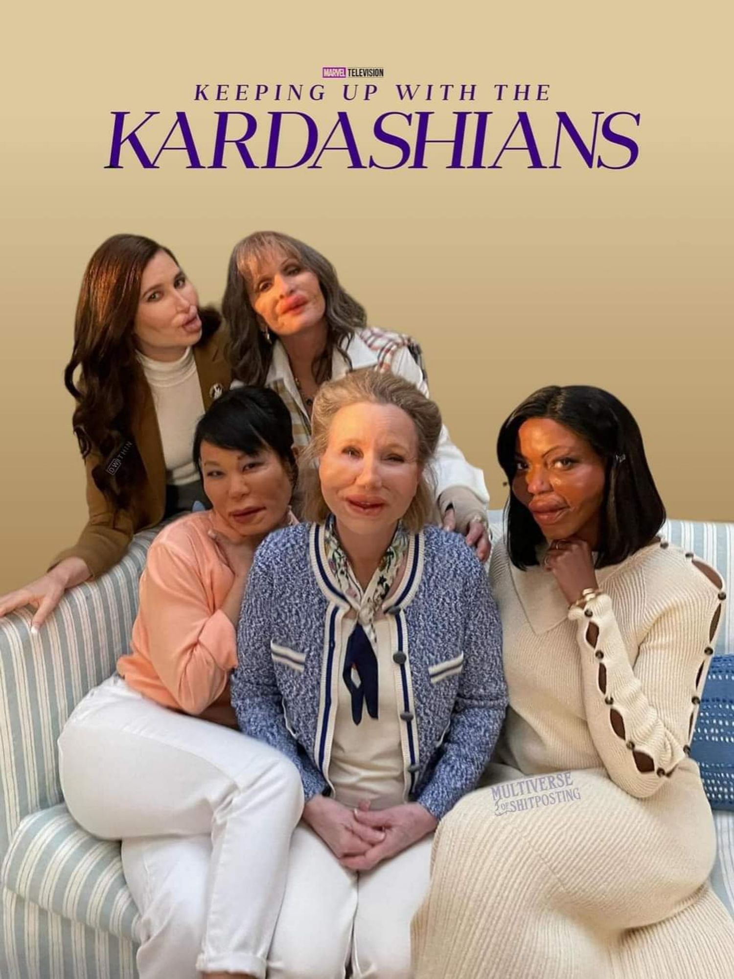 meme com as personagens da série Agatha All Along reunidas enquanto sob efeito do veneno que as deixou com os rostos inchados e uma legenda que diz: Keeping Up with the Kardashians.