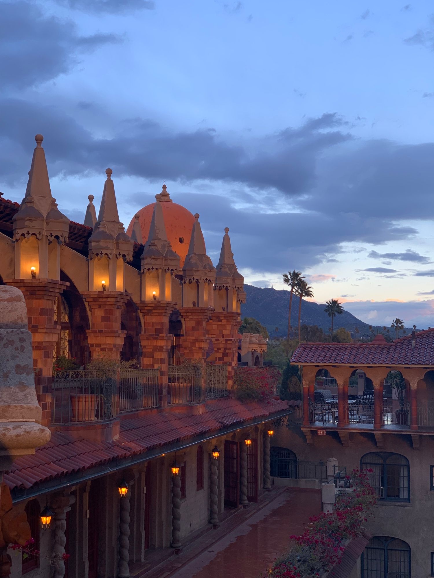 Rooftop at the historic Mission Inn and Spa, Riverside CA. An early twentieth century assembled fantasy in cement, tile, and architectural elements from Europe.