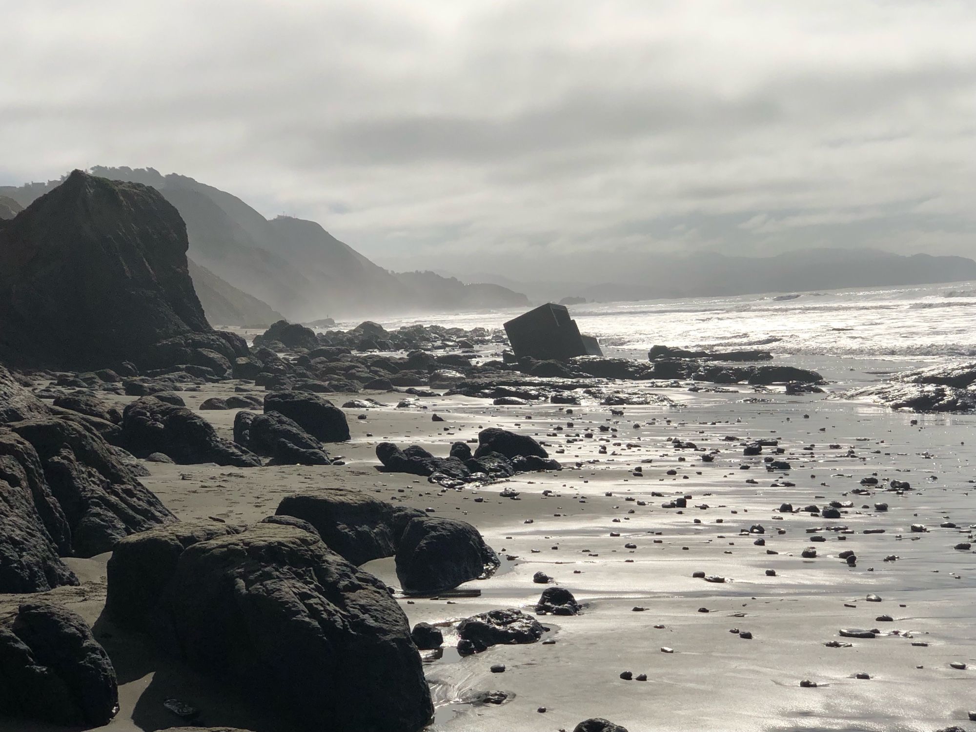 The California coast washed in winter waves, sand to sea, rocks exposed. Fort Funston below the cliffs.