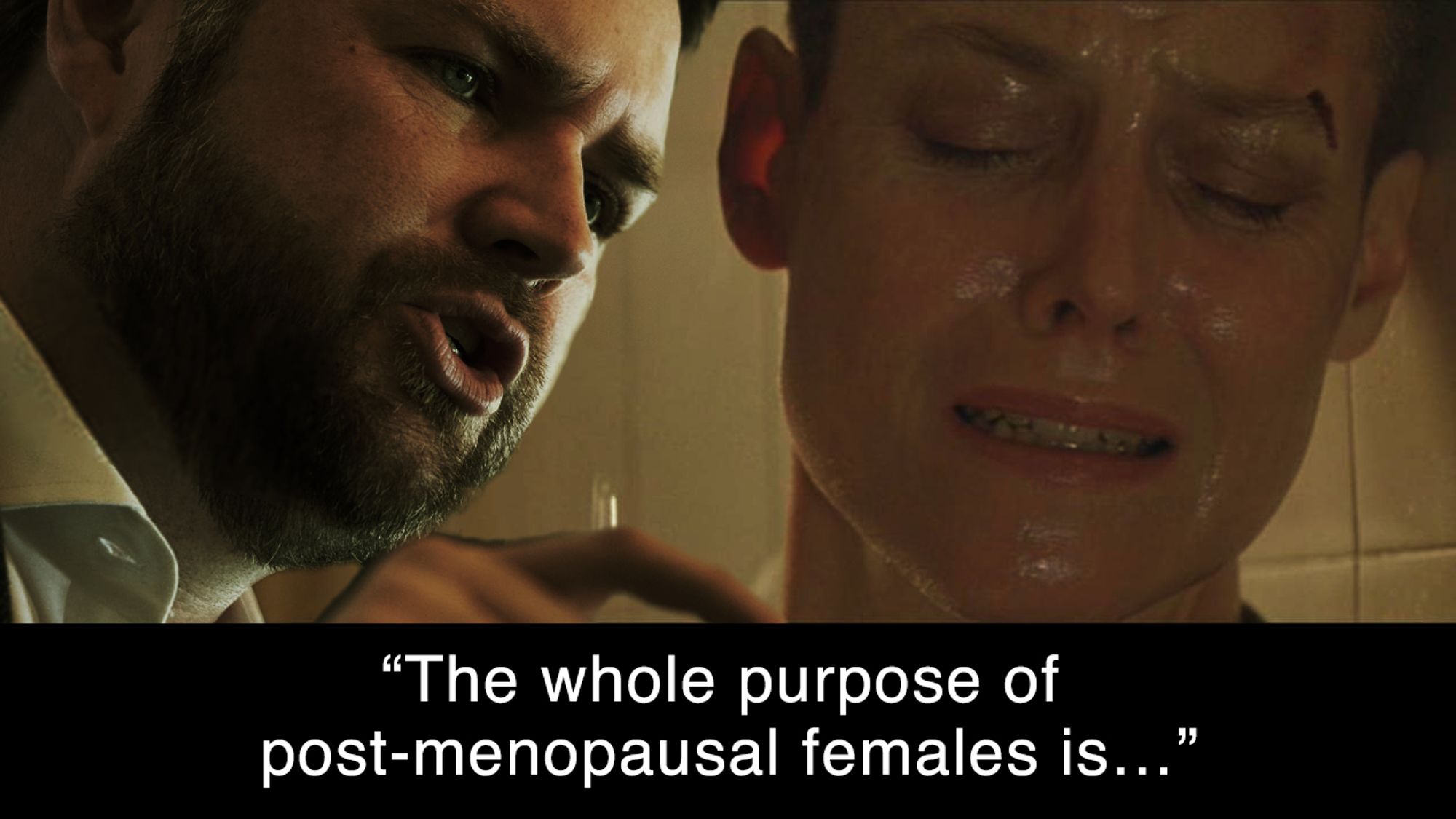 A photoshopped version of the still from Alien3 where the alien creeps next to a frightened Ripley.  In this case, the alien is replaced with JD Vance threateningly speaking next her as she recoils. Caption below says "The whole purpose of post-menopausal females is..."