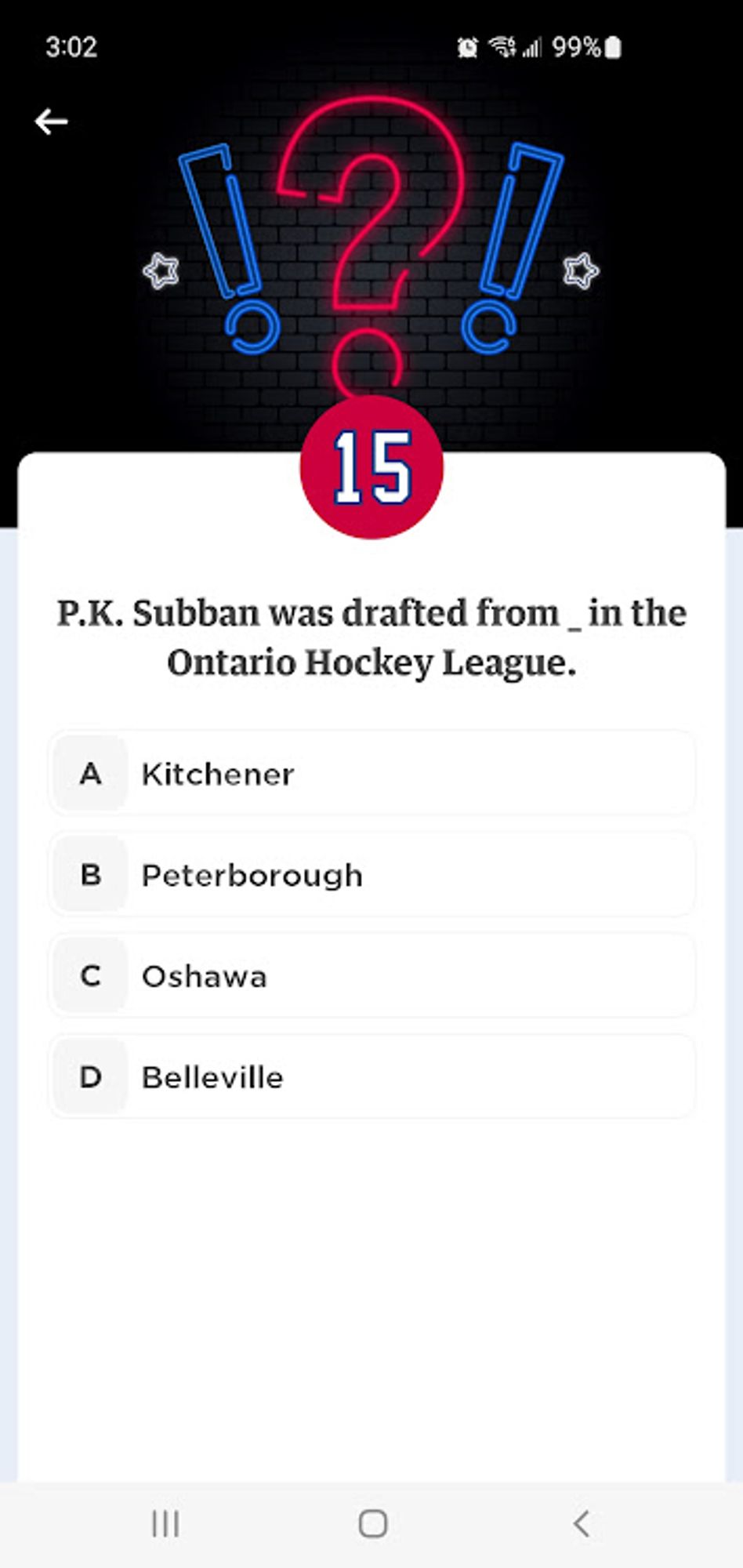 Surprise question for October 04, found in September 09-10 posts on main tab of app.

D  - Belleville.