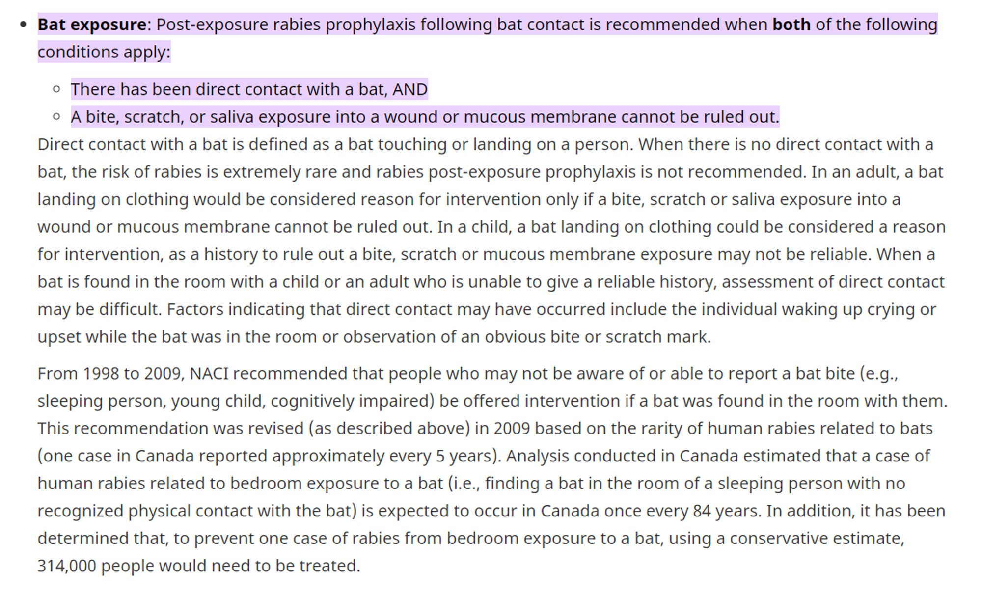 Public Health Agency of Canada's treatment protocol for rabies from bat exposure.