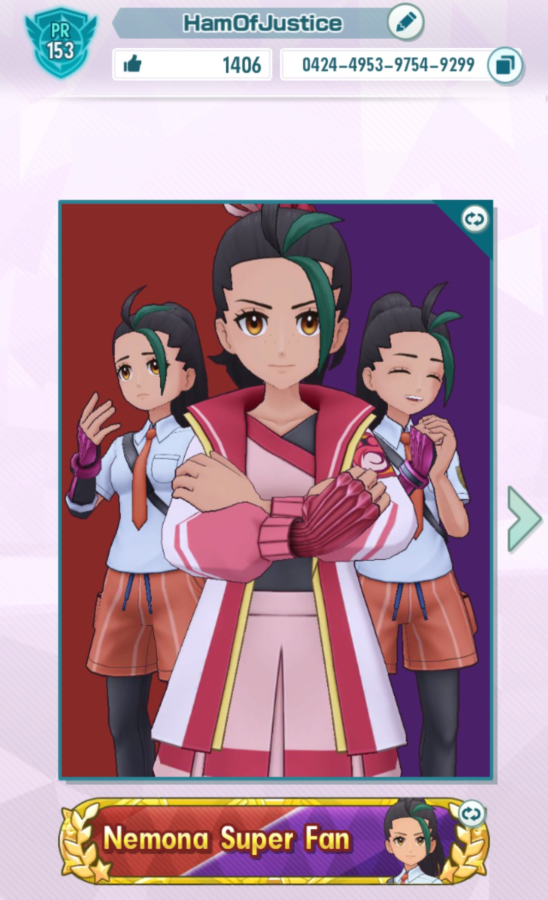 A Pokemon Masters EX profile picture, showing three versions of Nemona. The one on the scarlet half shows her sad and apologetic, the one on the violet half pleased and excited, and the one splitting the frame down the middle wearing her Sygna Suit and staring down the camera neutrally with her arms crossed. The "Nemona Super Fan" title is proudly displayed underneath.