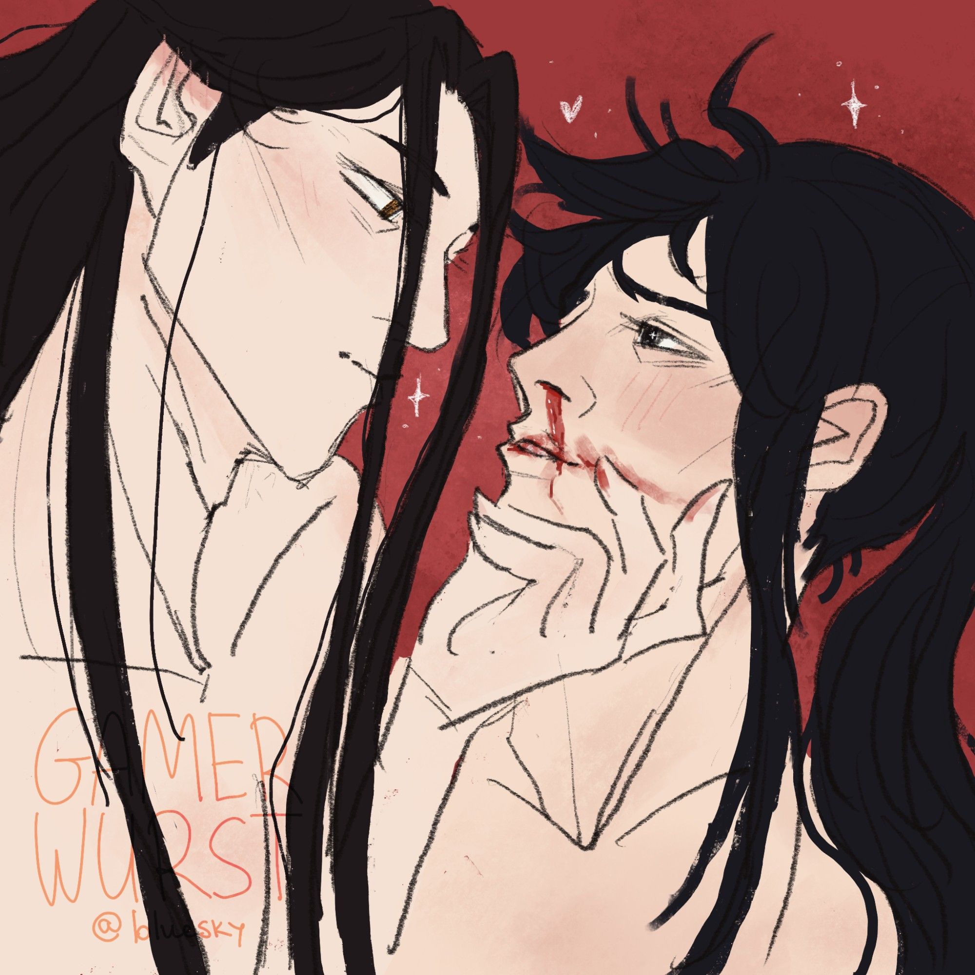 Lan Zhan caressing a bloodied Wei Wuxain