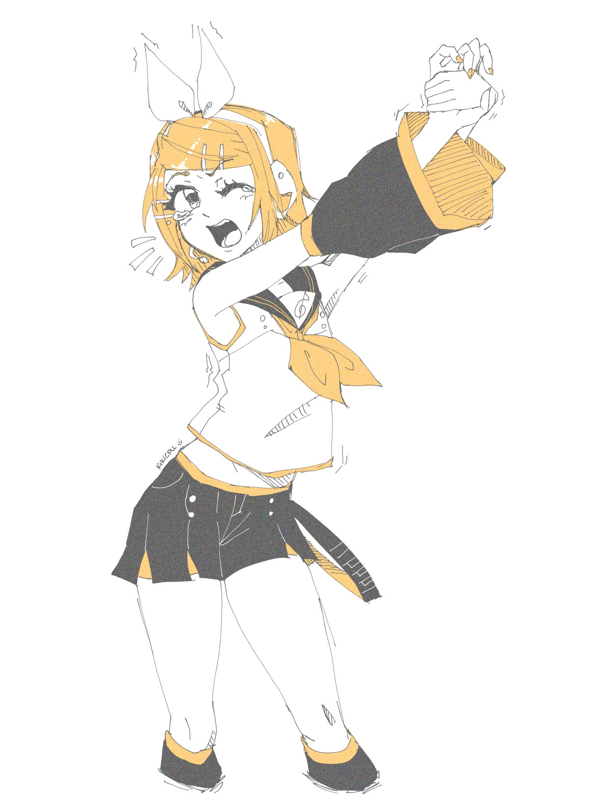 Kagamine Rin stretching out her arms. Her bow is standing straight up as if it was stretching too.