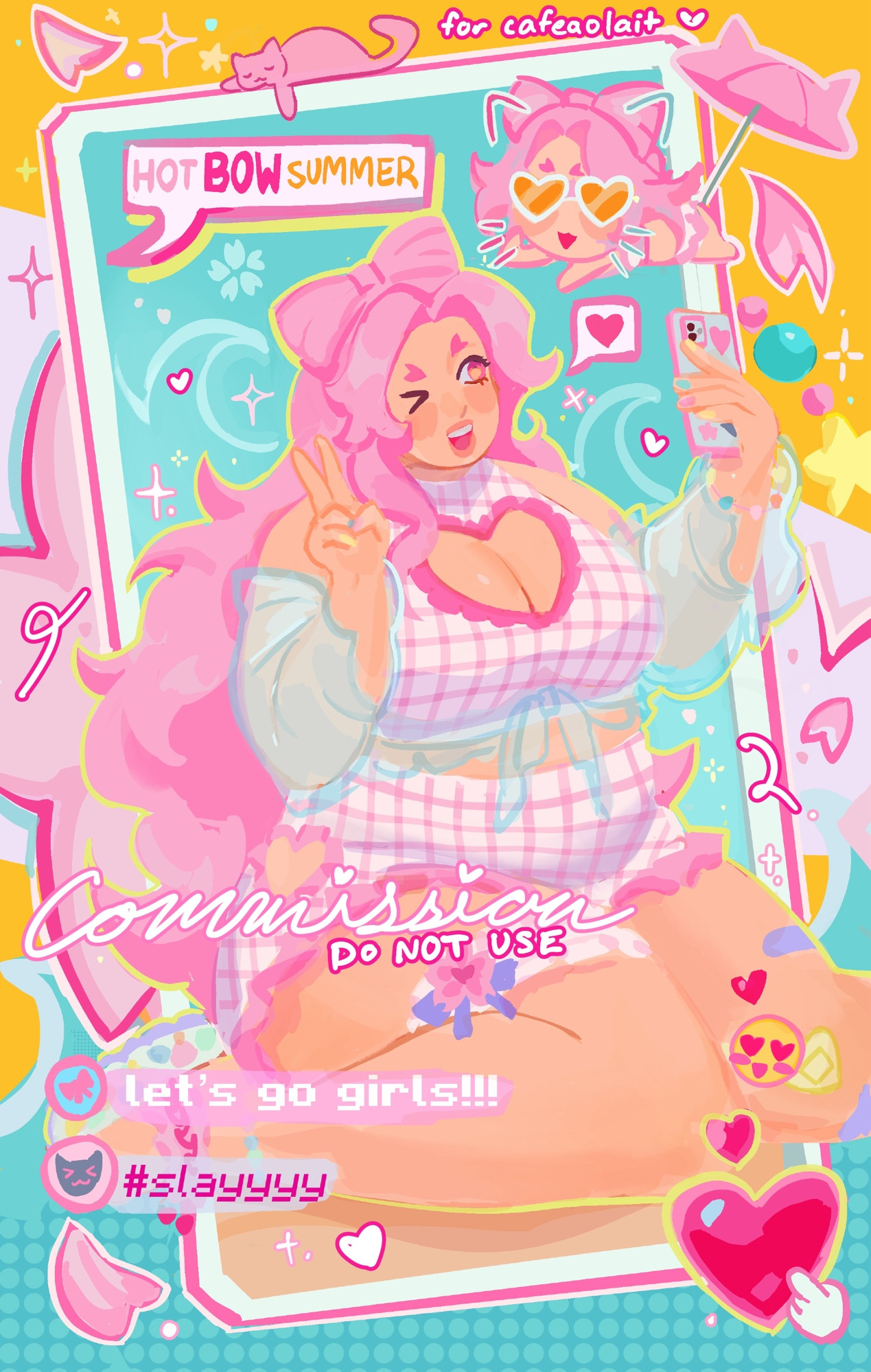 artwork of cafeaulait’s oc, bow, a cute fat pink-haired lady wearing a swimsuit and taking a selfie of herself. She’s decked out like Barbie and surrounding her are elements reminiscent of a livestream on a social media website. There are also elements of cherry blossoms, cats, and a chibi version of bow in the corner, sunglasses on chilling under a pink cat-eared umbrella.