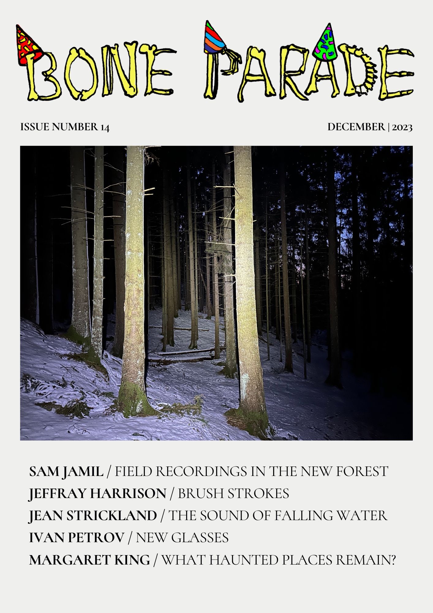 Cover of Issue 14 of Bone Parade featuring photo of Swedish trees at twilight in snow covered forest with a light shining on them in the darkness. Twilight is seeping through trees in the distance. Cover art by Robin Nyman.