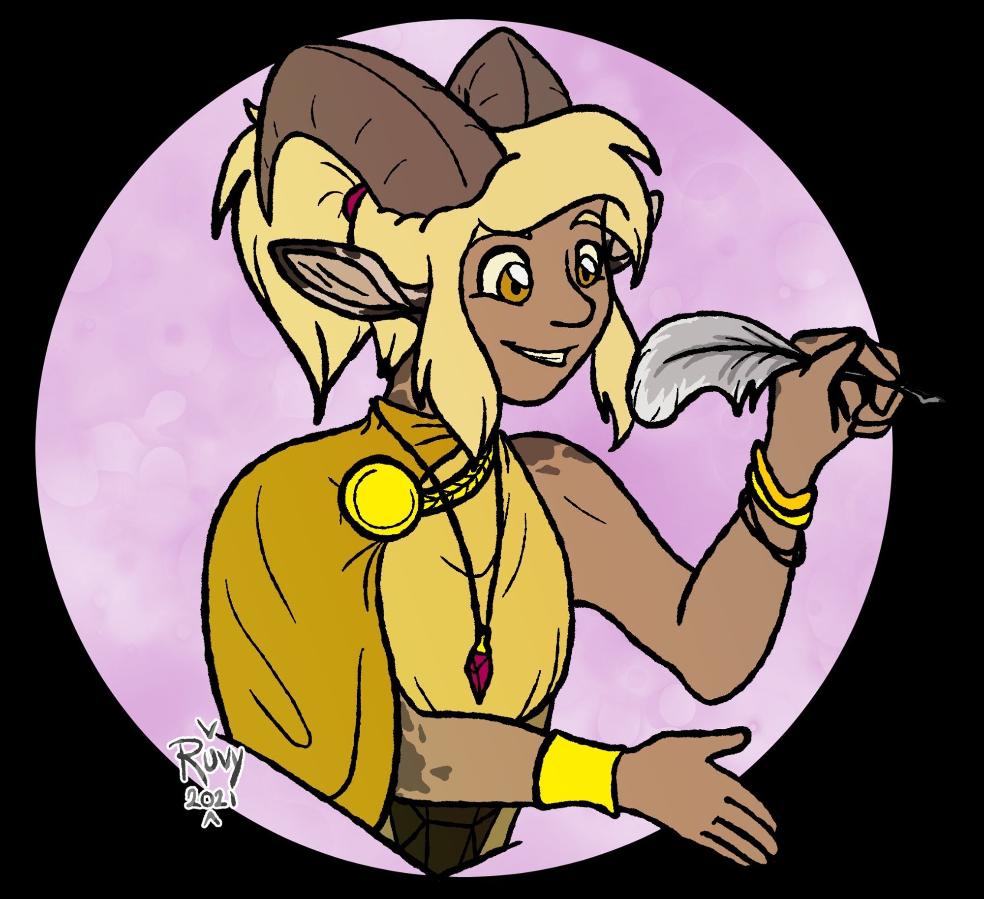 Colored bust drawing of a satyr character in yellow-toned fantasy clothes. Their fur is cream colored with black splotchy markings and they have light tan skin and blond hair. They hold a quill and are gesturing as if about to write on an unseen surface. 