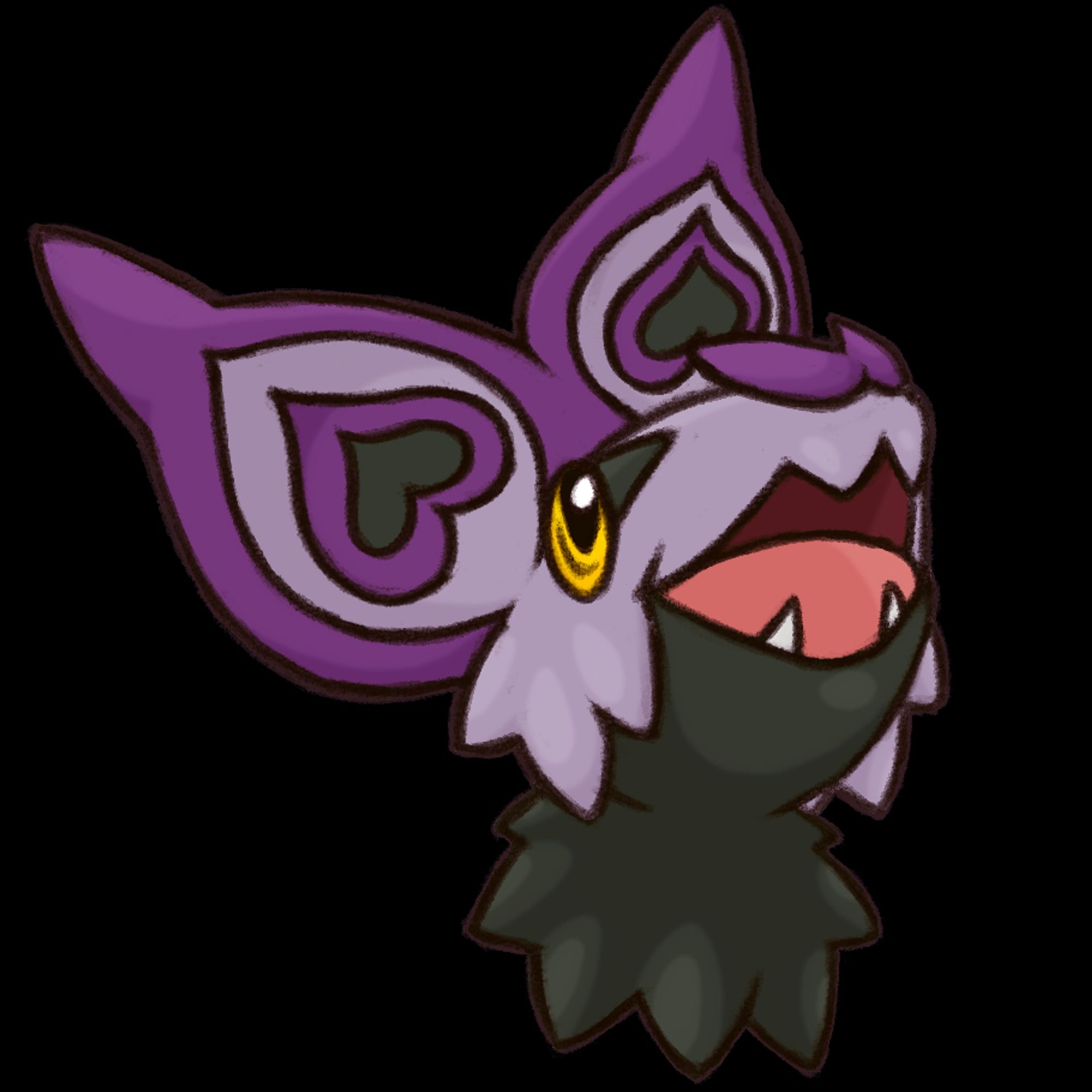 A colored pencil-lined head icon of the Pokemon Noibat, looking upward with an open-mouthed smile. The markings inside its ears are shaped like upside-down hearts instead of the usual circles.