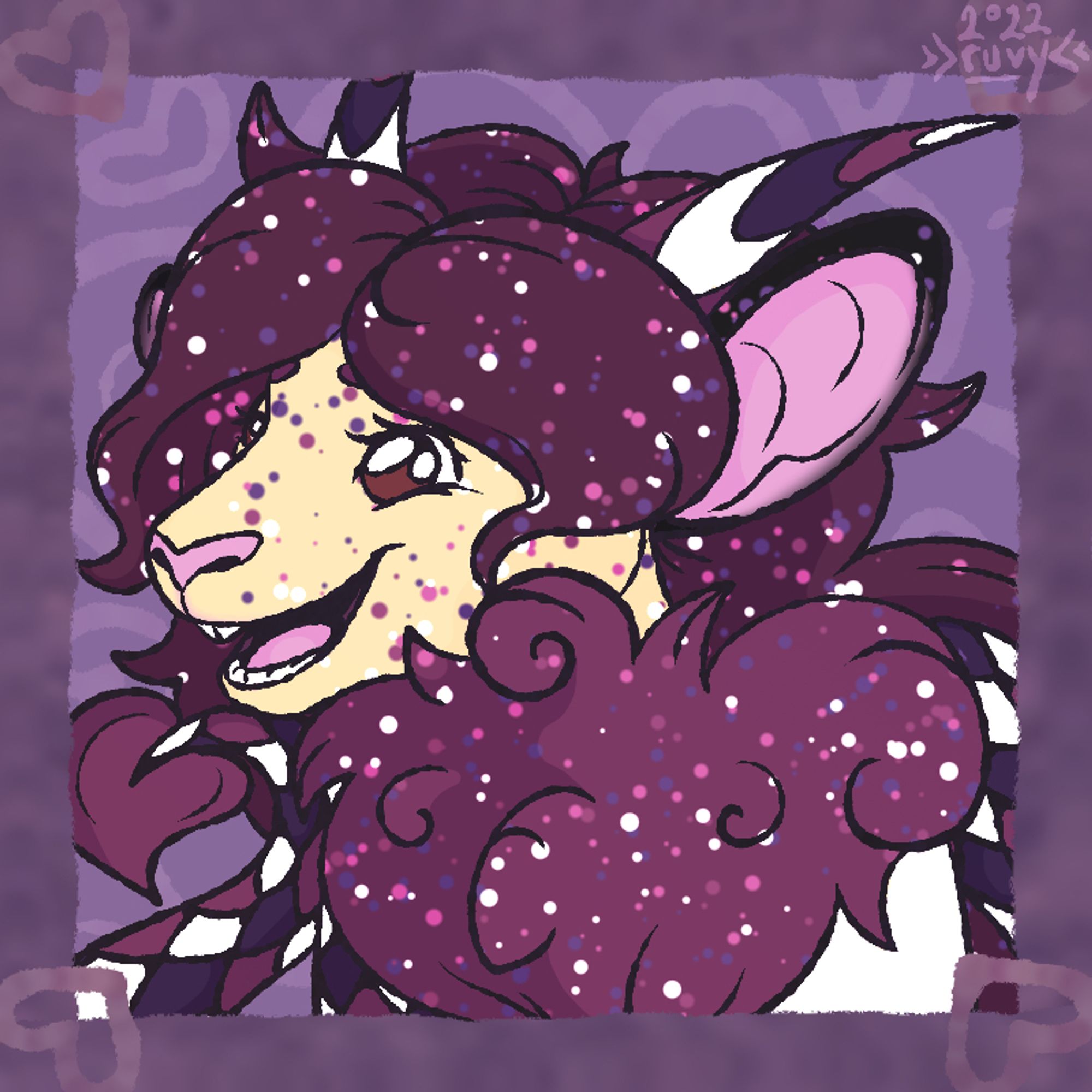 A colored drawing, framed with abstract patterns. The subject is a grinning sheep-dragon, with purple hair and wool, and cream colored skin on their face. They have sharp horns and scales on their shoulders and tail, in alternating stripes of white, dark purple, and red-violet. Almost all of their wool and skin is sprinkled with dots in those same colors. The overall palette is varying shades of purple.