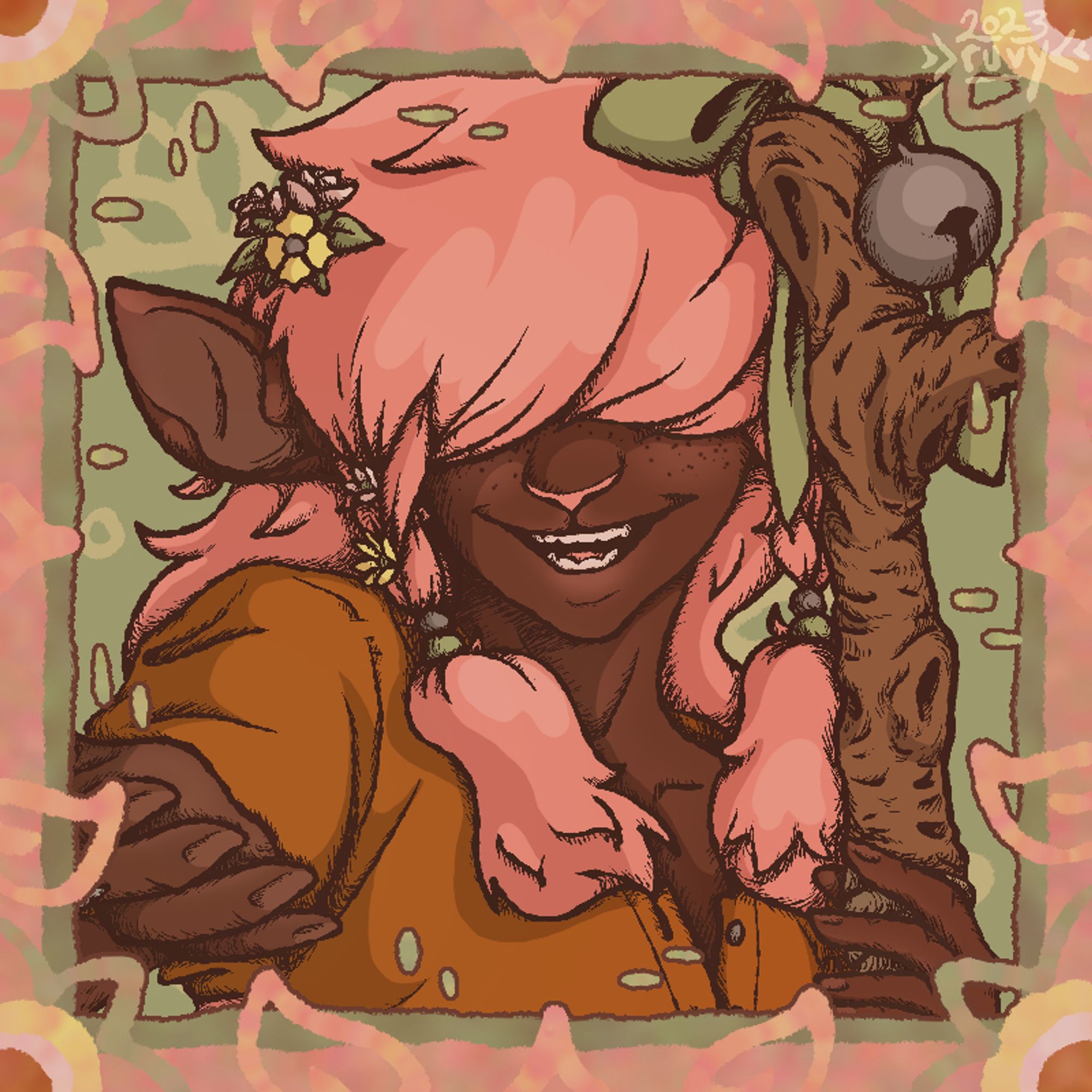 A colored drawing, framed with abstract patterns. The subject is a character with brown skin and soft pink hair, cut and braided in a way that covers their eyes. They have freckles and a sheep-like nose, with wide deer-like ears. They wear an orange shirt and carry a gnarled staff with a bow and a bell tied to the top. The background and frame are in pink and pale green tones. The character is smiling and reaching toward the viewer with their free hand, as if to help them up.