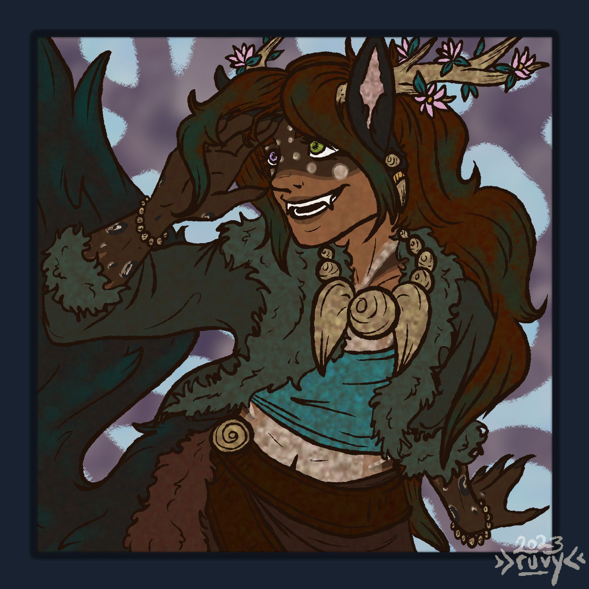 A colored drawing, framed with abstract patterns. The subject is a somewhat androgynous druid with antlers, long brown hair with splotches of green, dark animal ears and a fluffy tail, fangs, and claws. He has mismatched eyes in green and pink, wears green and brown clothes with fur trim, and large bone-made accessories. His skin has many animalistic markings. He is smiling and looking toward the sky, a hand holding some hair out of his face, and seemingly in the middle of singing or dancing.