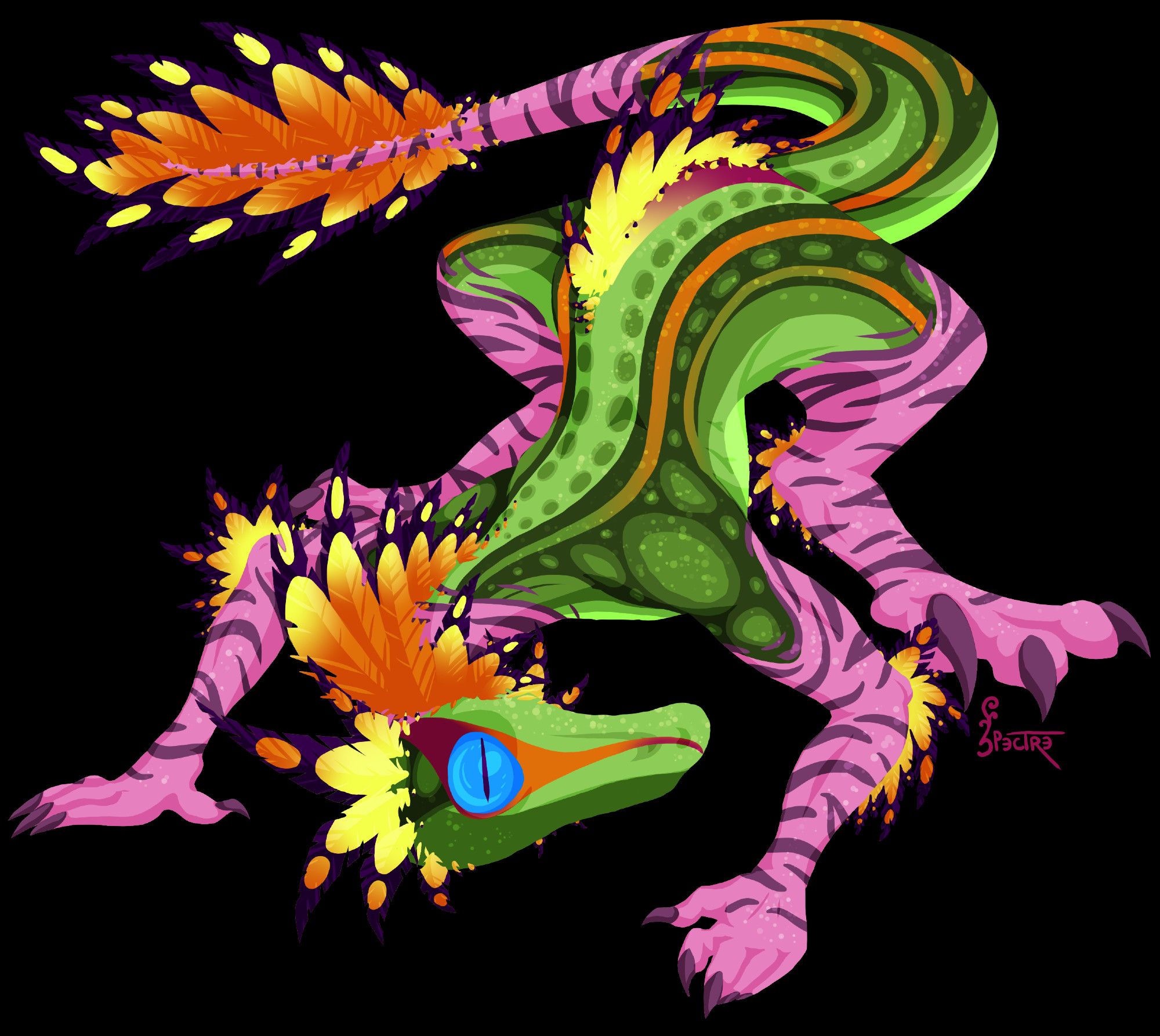 A brightly colored lineless, backgroundless drawing of an anthropomorphized raptor character. They have patterned green scales, pink and purple striped limbs, and bright yellow-orange feather crests that end in dark purple tips. They're crouched in a playful pose and facing the viewer with one big blue eye.